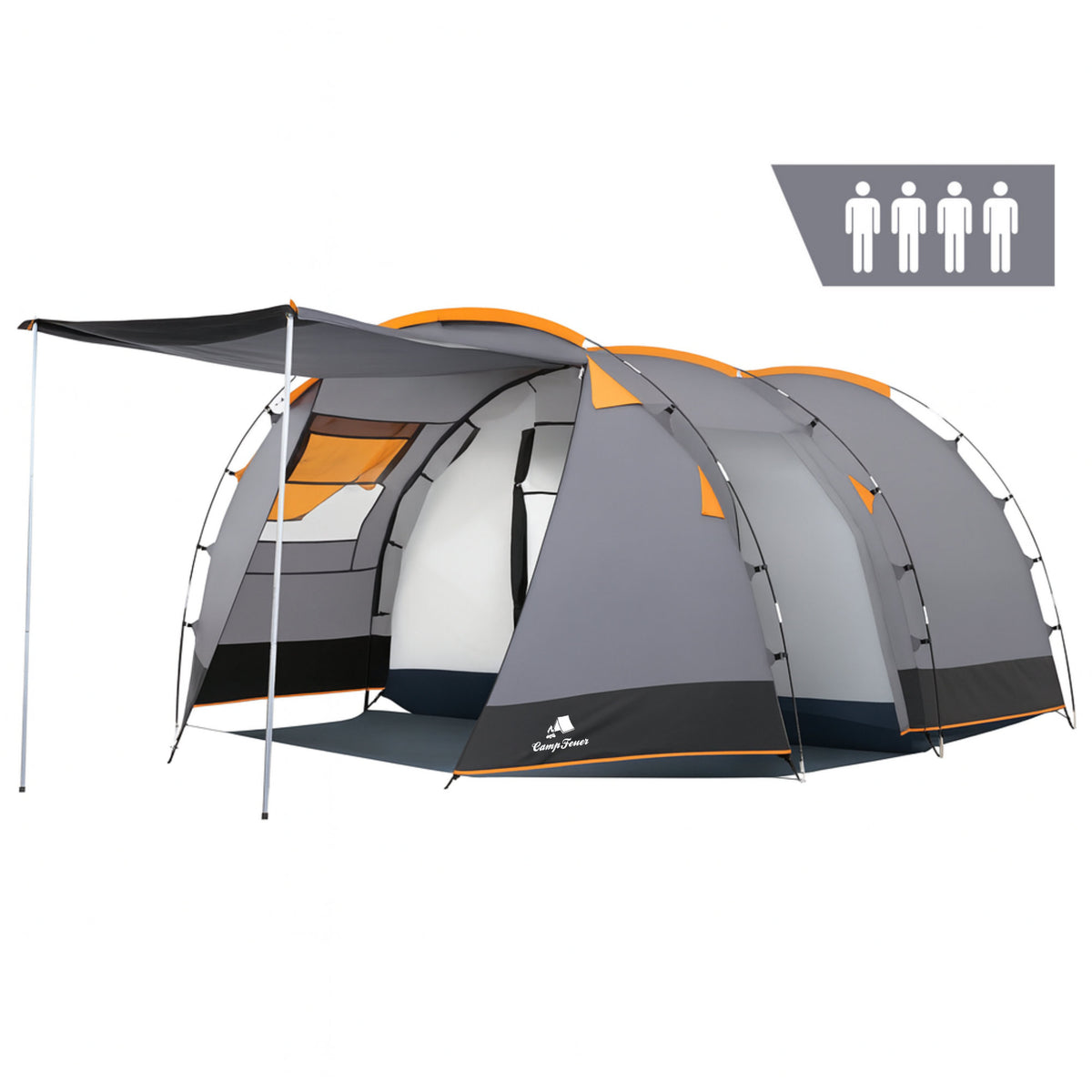CampFeuer Kuppelzelt Zelt Super+ für 4 Personen, Grau / Schwarz, XXL Tunnelzelt, Personen: 4