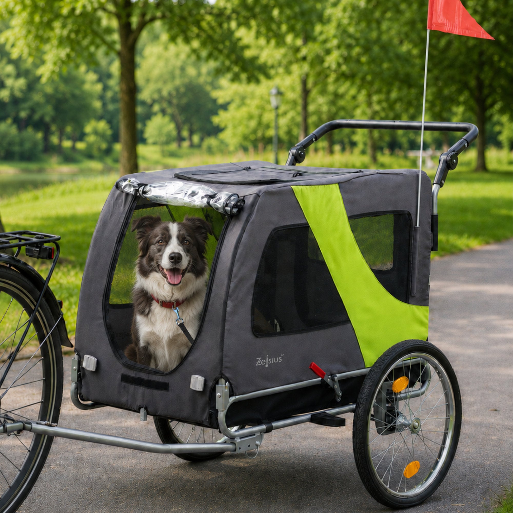 Hundefahrradanhänger mit Kupplung für 2 Hunde, Dunkelgrau Neongrün