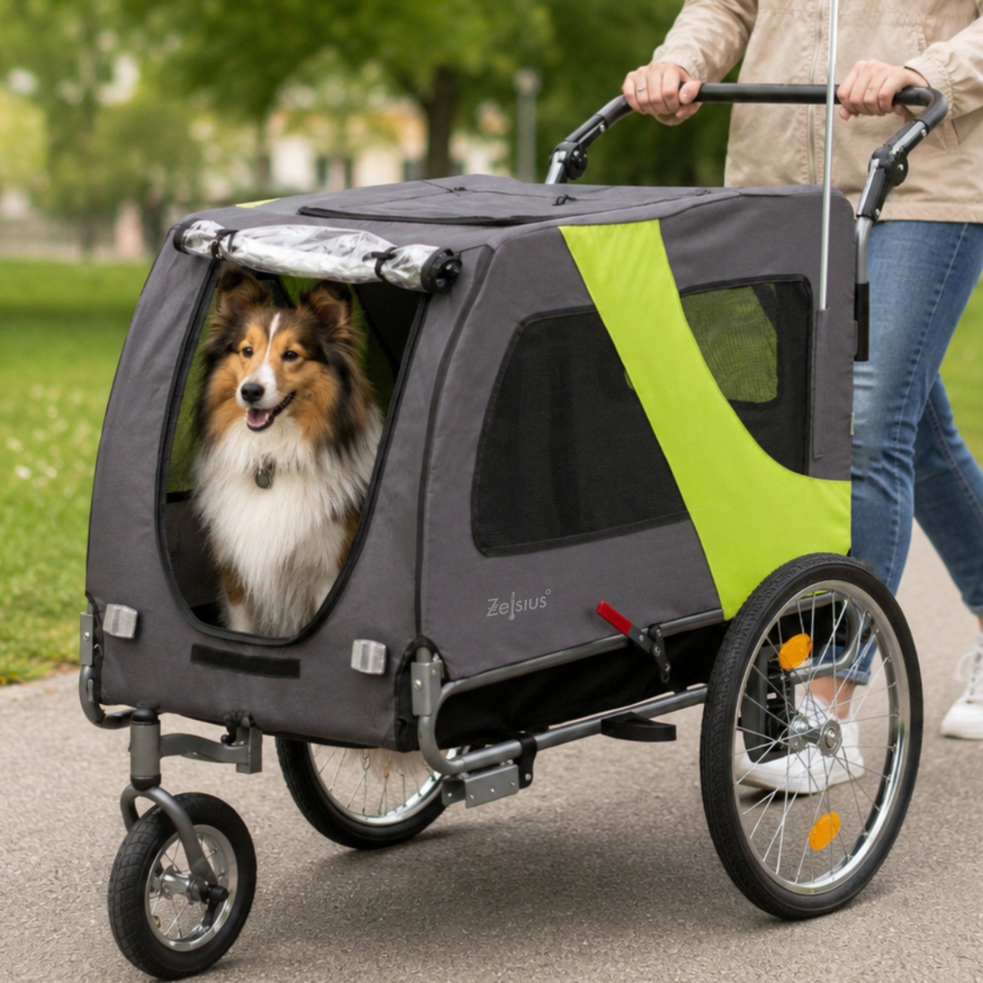 Hundefahrradanhänger mit Kupplung für 2 Hunde, Dunkelgrau Neongrün