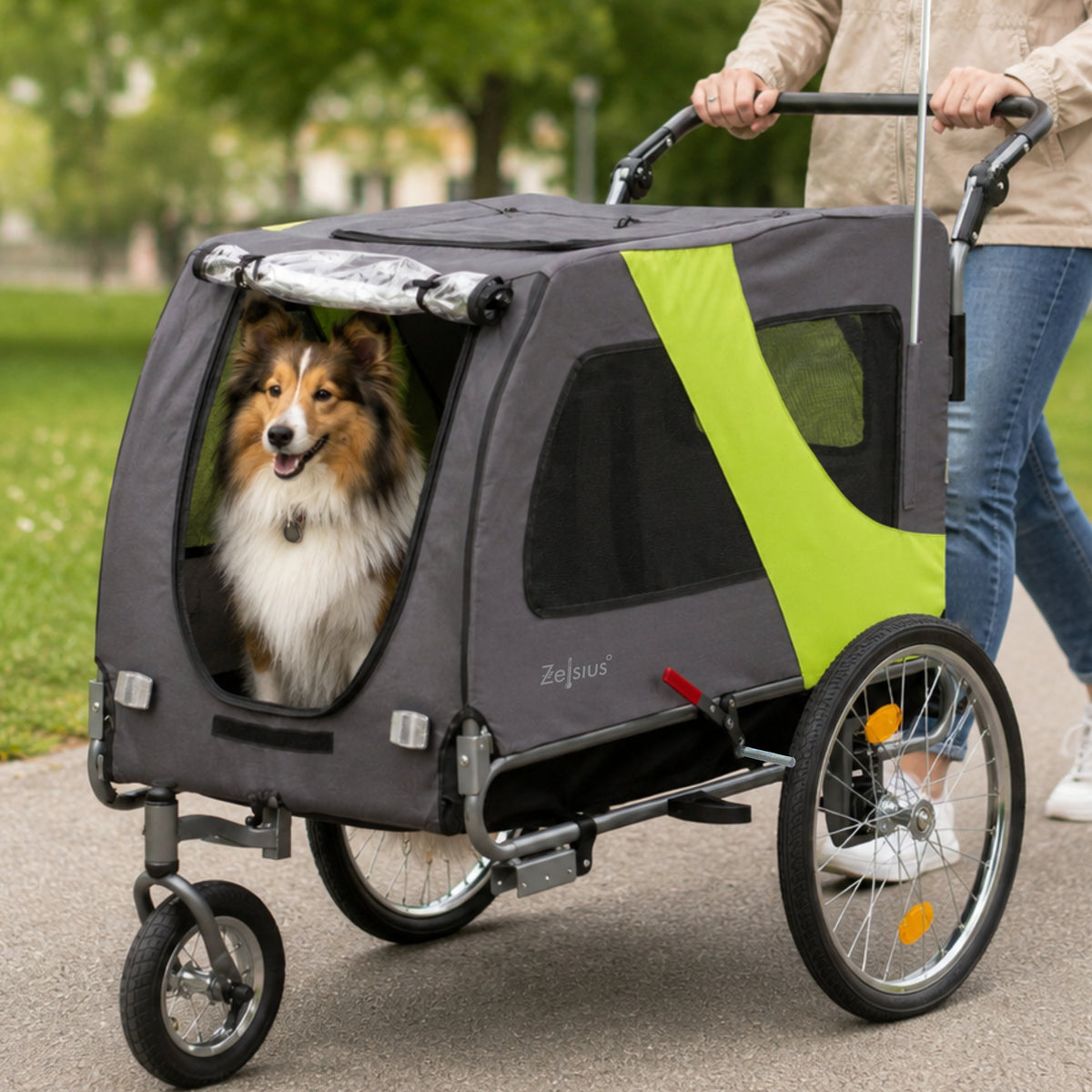 Hundefahrradanhänger mit Kupplung für 2 Hunde, Dunkelgrau Neongrün