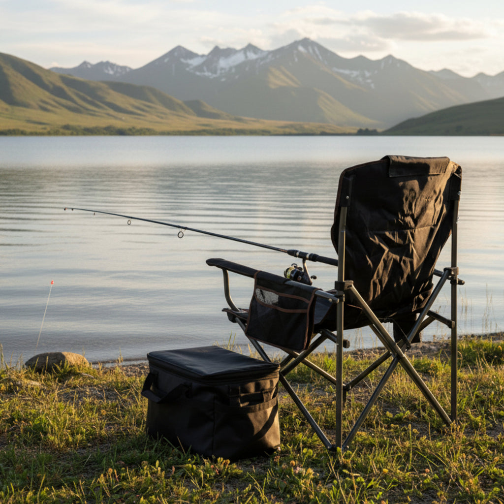 Fishing chair with fishing rod holder, foldable, including bag.