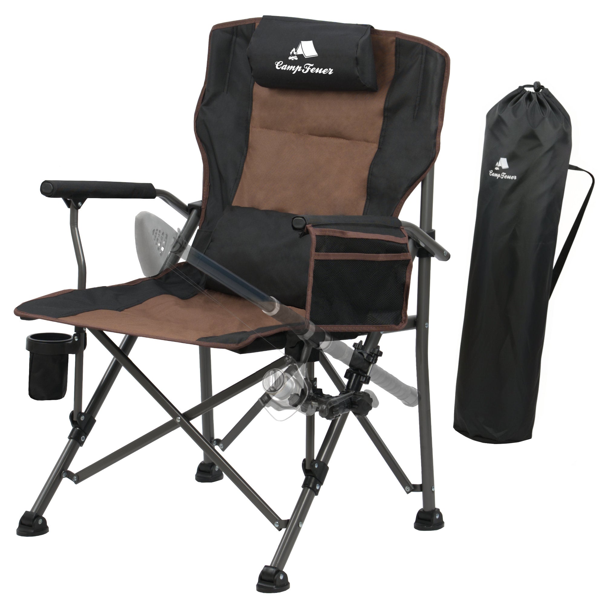 Fishing chair with fishing rod holder, foldable, including bag.
