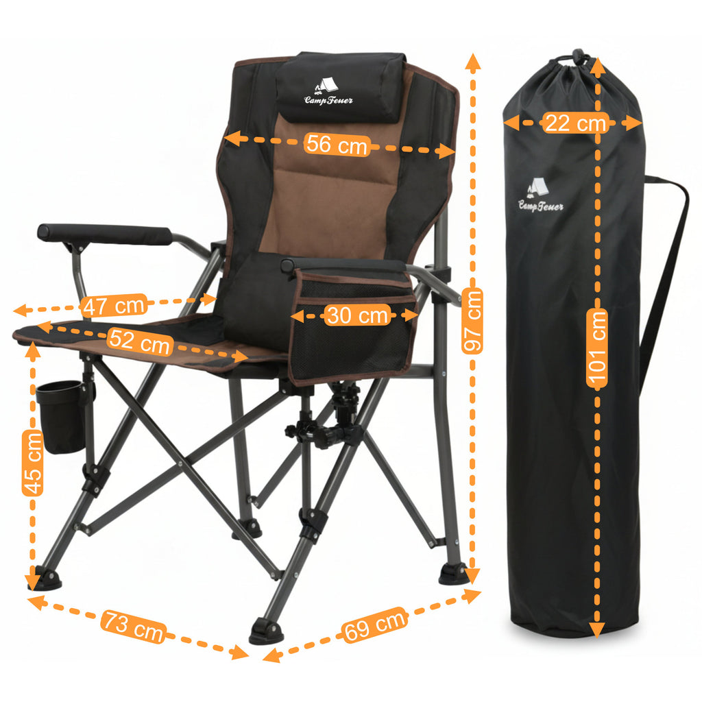 Fishing chair with fishing rod holder, foldable, including bag.