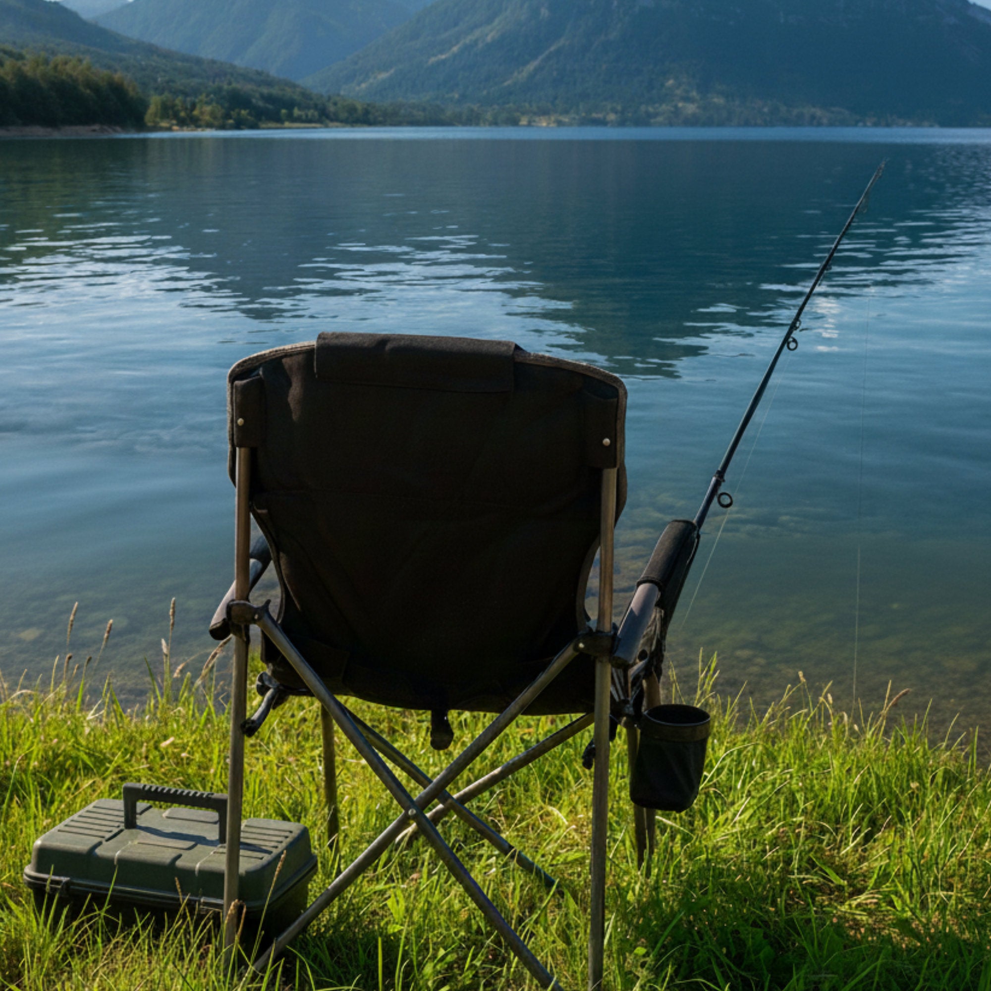 Fishing chair with fishing rod holder, foldable, including bag.