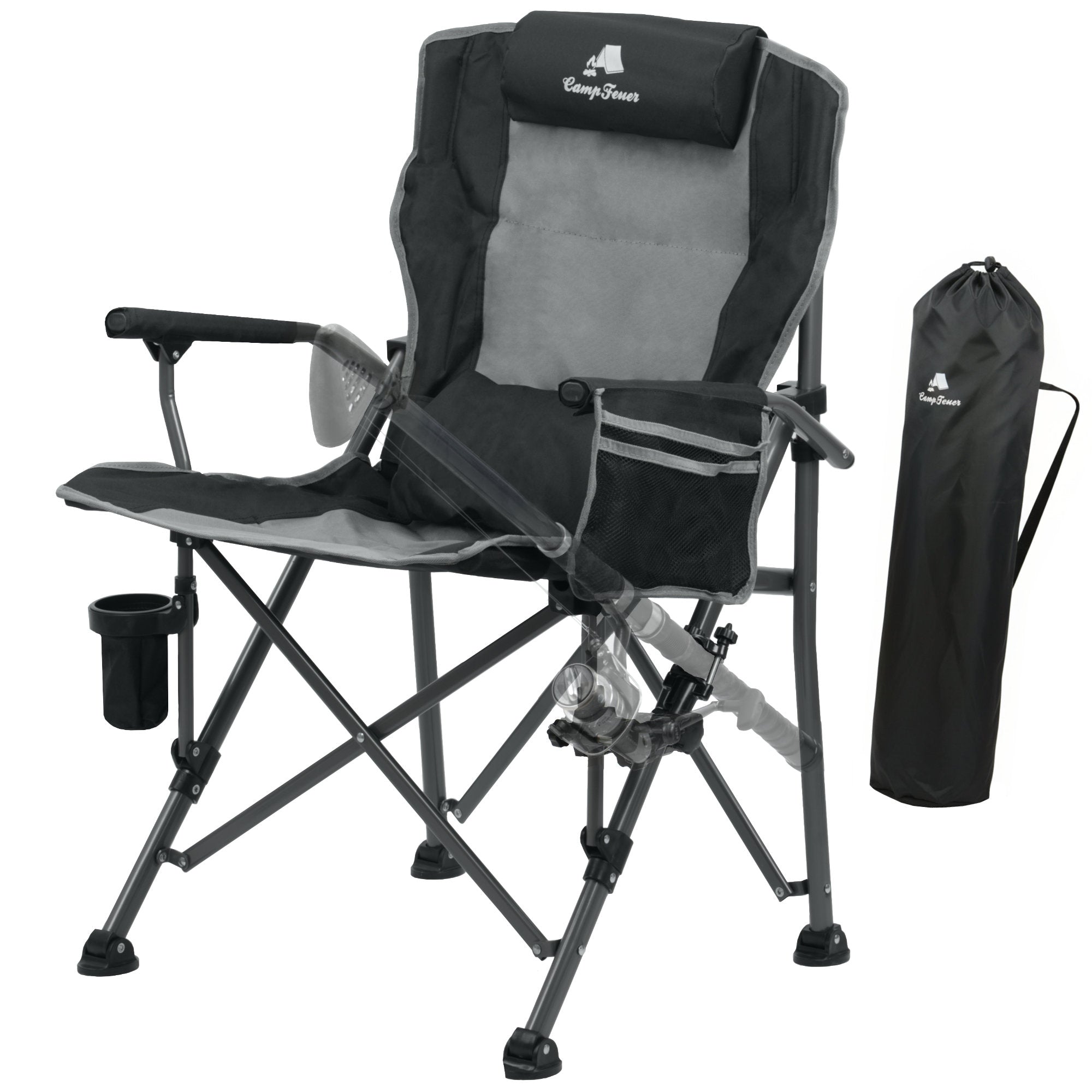 Fishing chair with fishing rod holder, foldable, including bag.
