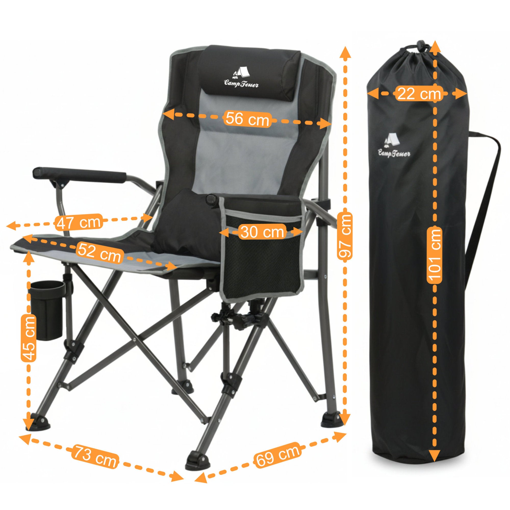 Fishing chair with fishing rod holder, foldable, including bag.