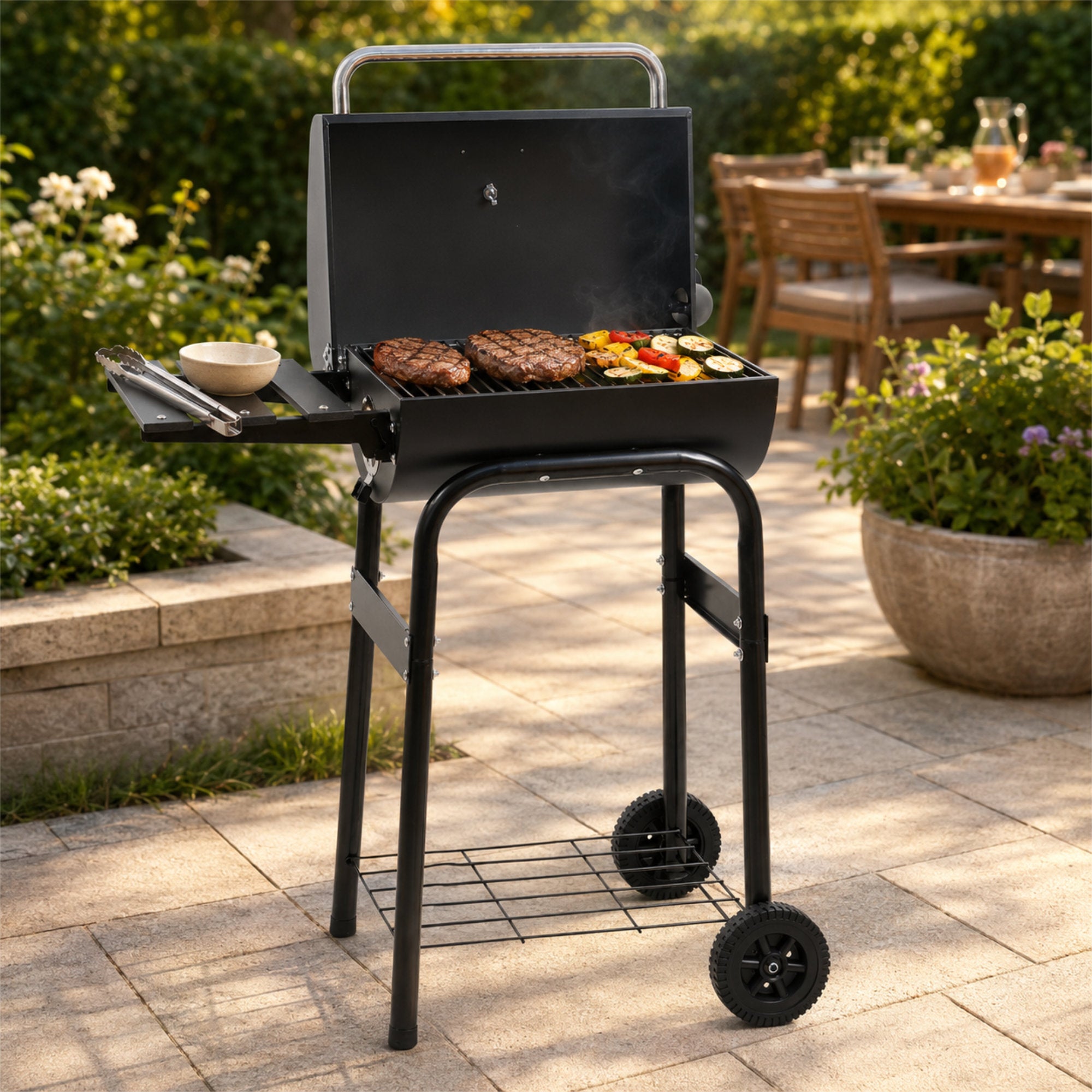 Holzkohle Grillwagen mit Thermometer und Schornstein