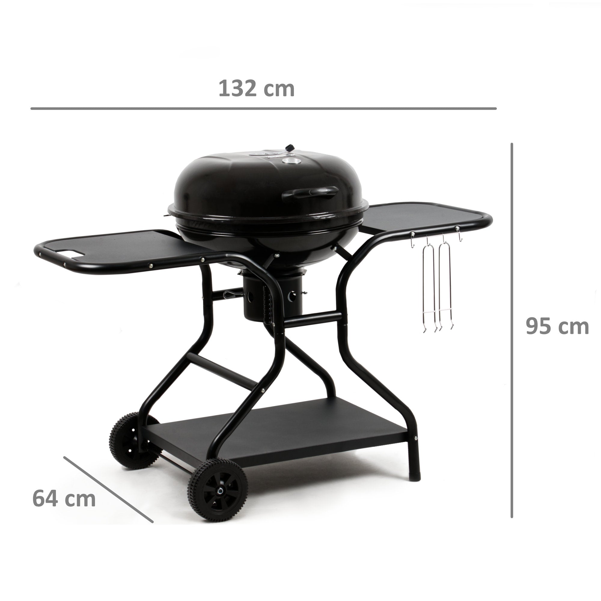 Barbecue à charbon, Ø 57 cm, comprenant une étagère de rangement et un lève-grille.