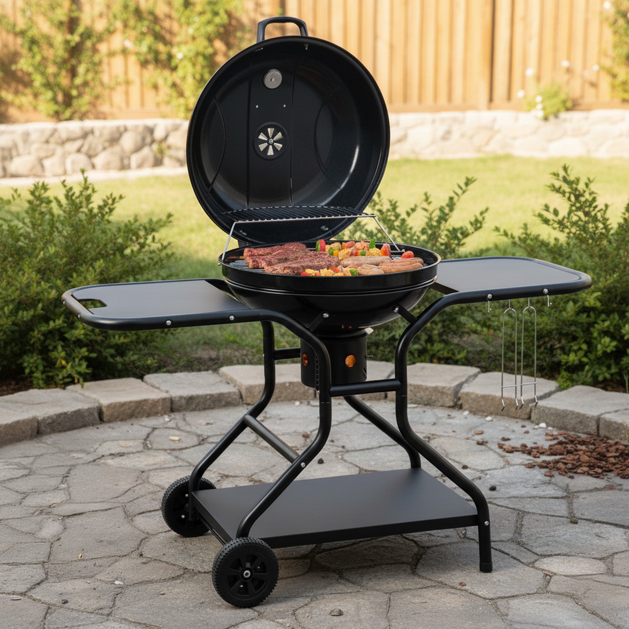 Barbecue à charbon, Ø 57 cm, comprenant une étagère de rangement et un lève-grille.