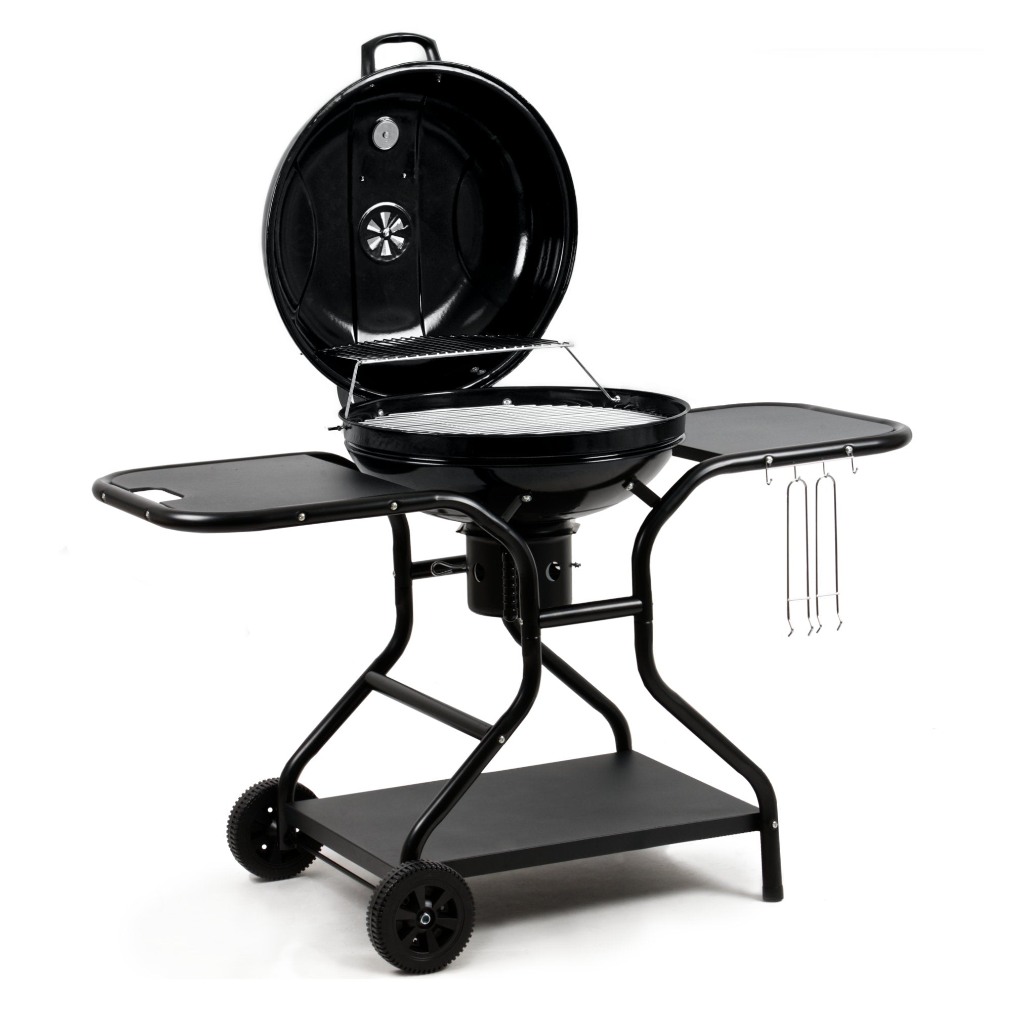 Barbecue à charbon, Ø 57 cm, comprenant une étagère de rangement et un lève-grille.