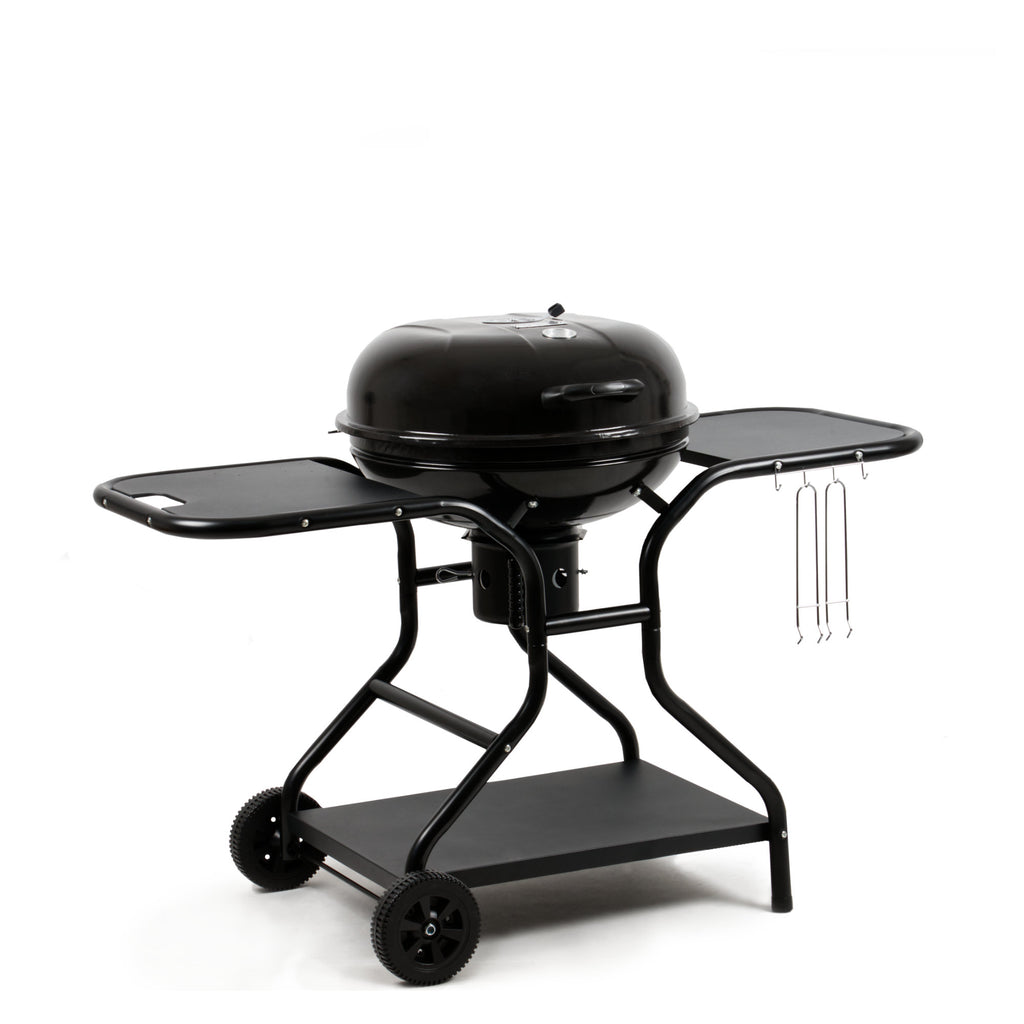 Barbecue à charbon, Ø 57 cm, comprenant une étagère de rangement et un lève-grille.