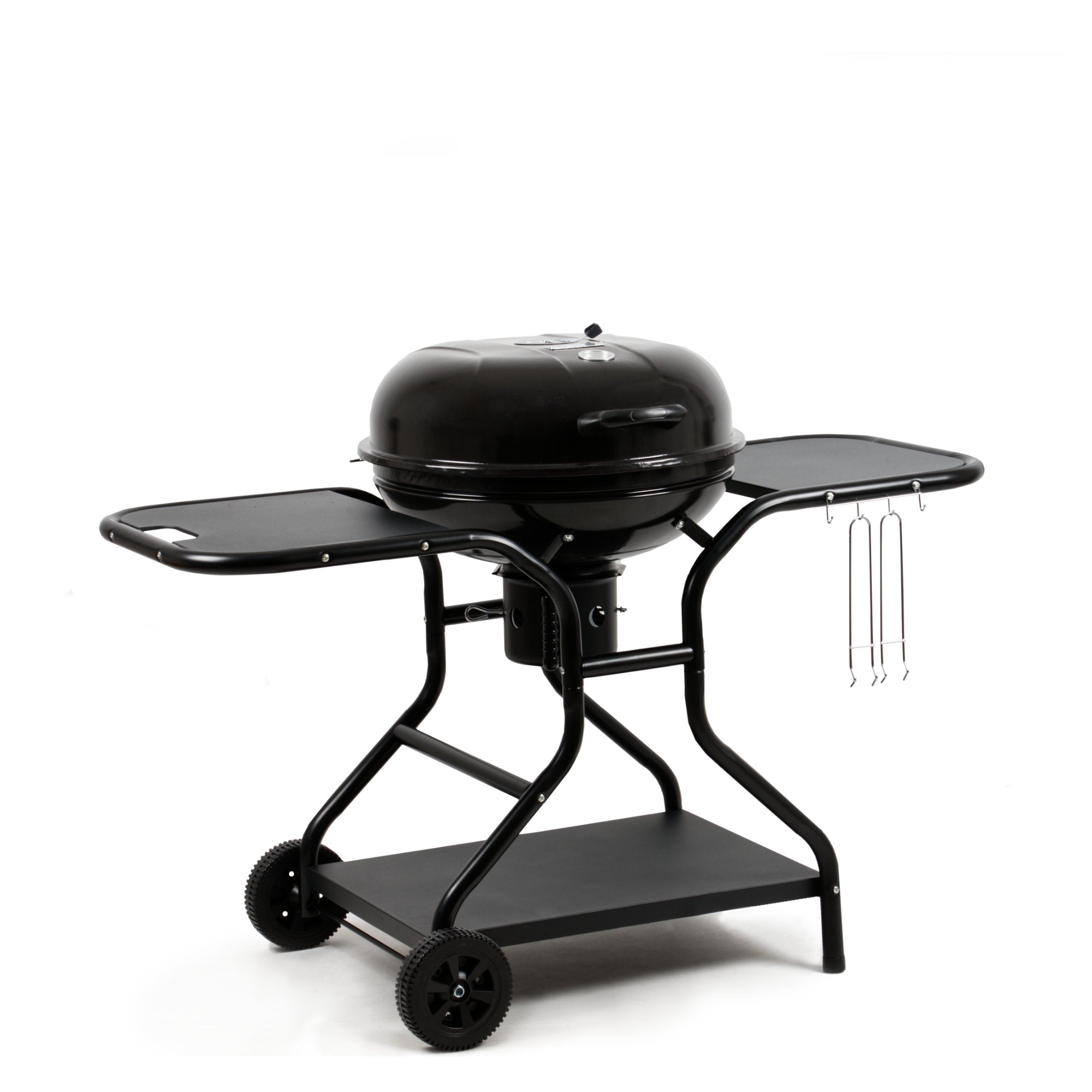 Barbecue à charbon, Ø 57 cm, comprenant une étagère de rangement et un lève-grille.