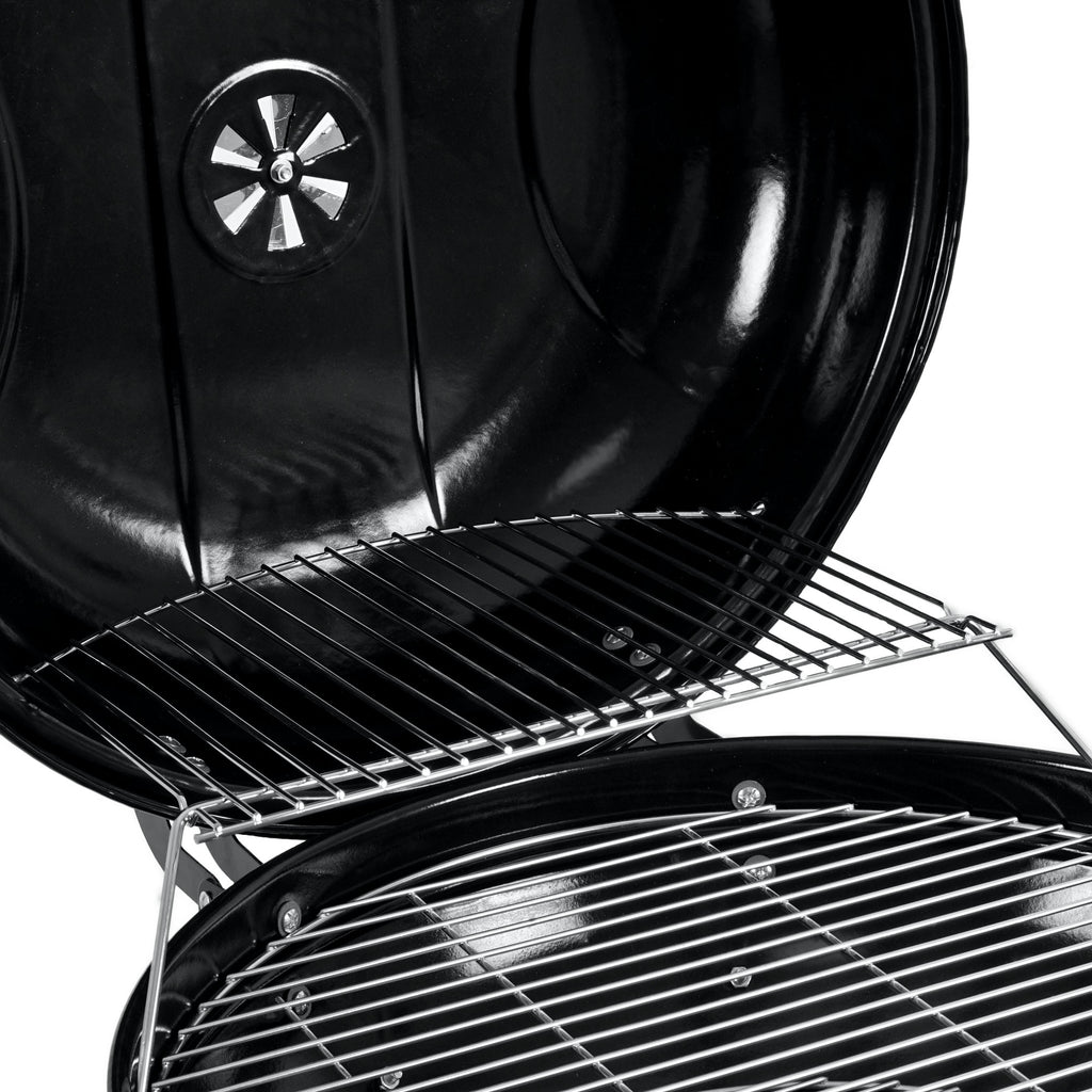 Barbecue à charbon, Ø 57 cm, comprenant une étagère de rangement et un lève-grille.