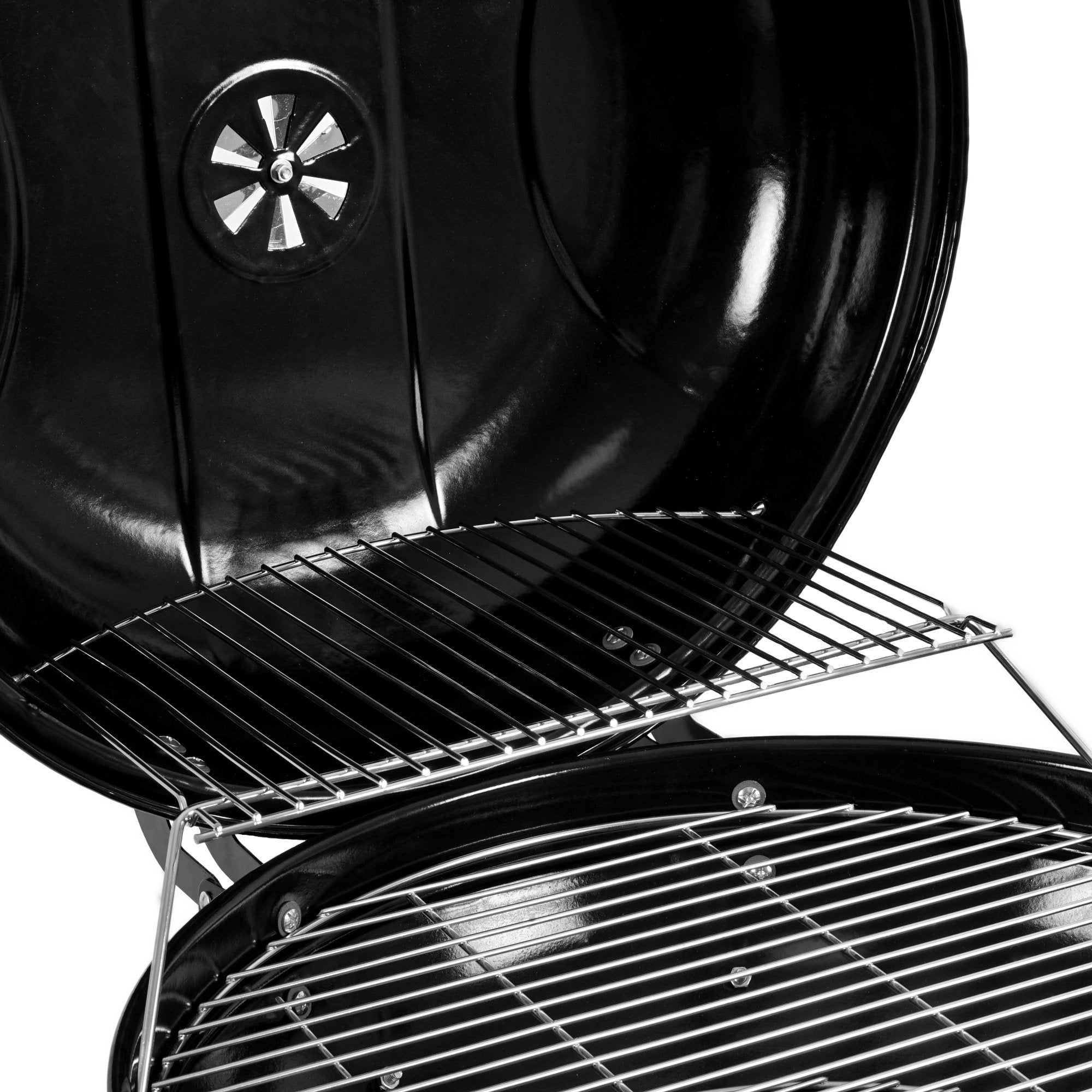 Barbecue à charbon, Ø 57 cm, comprenant une étagère de rangement et un lève-grille.