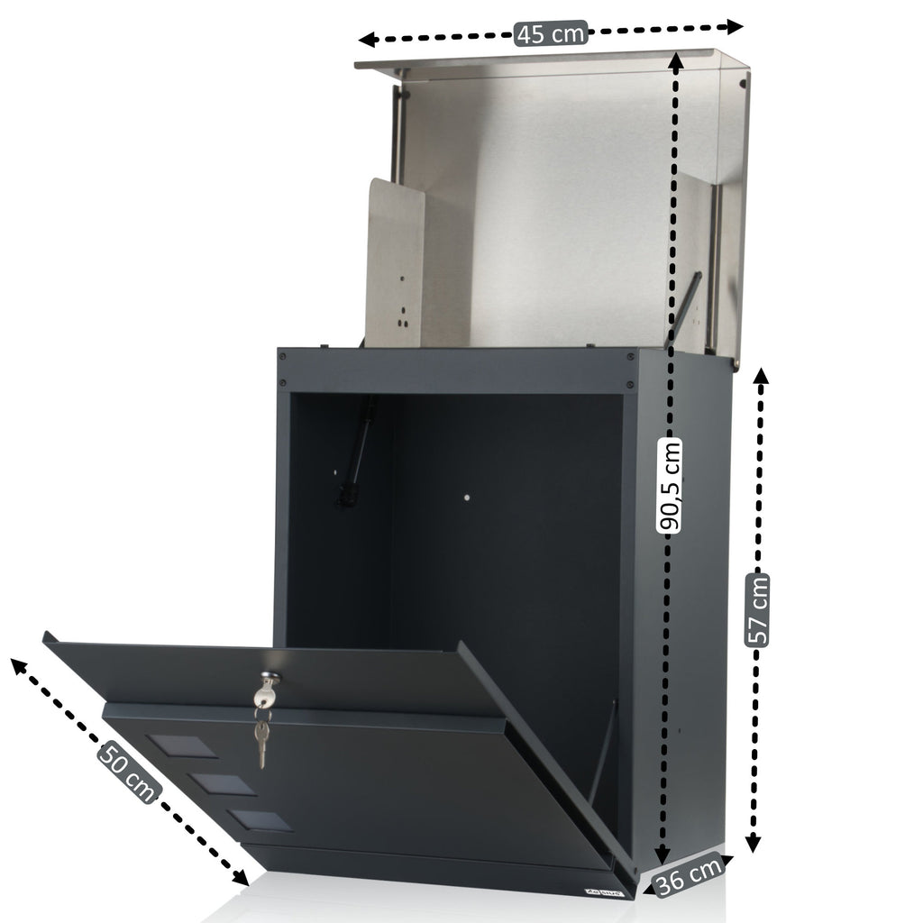 Mailbox, powder-coated steel, including parcel compartment