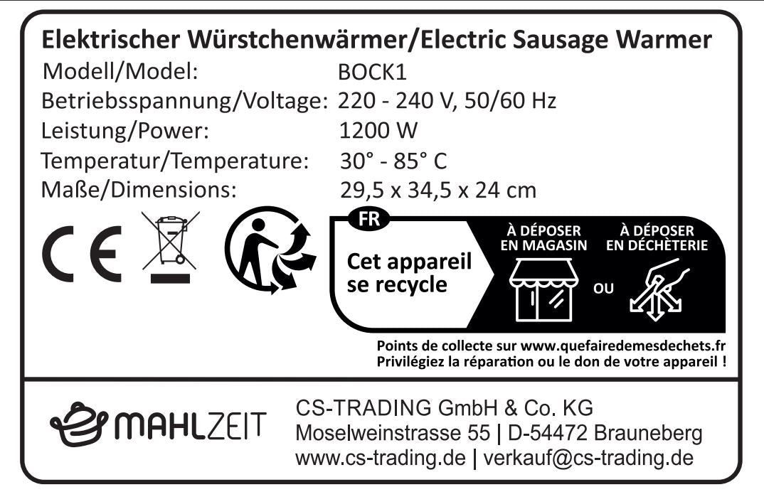 Chauffe-saucisses, 6 litres, acier inoxydable, électrique 1200 W