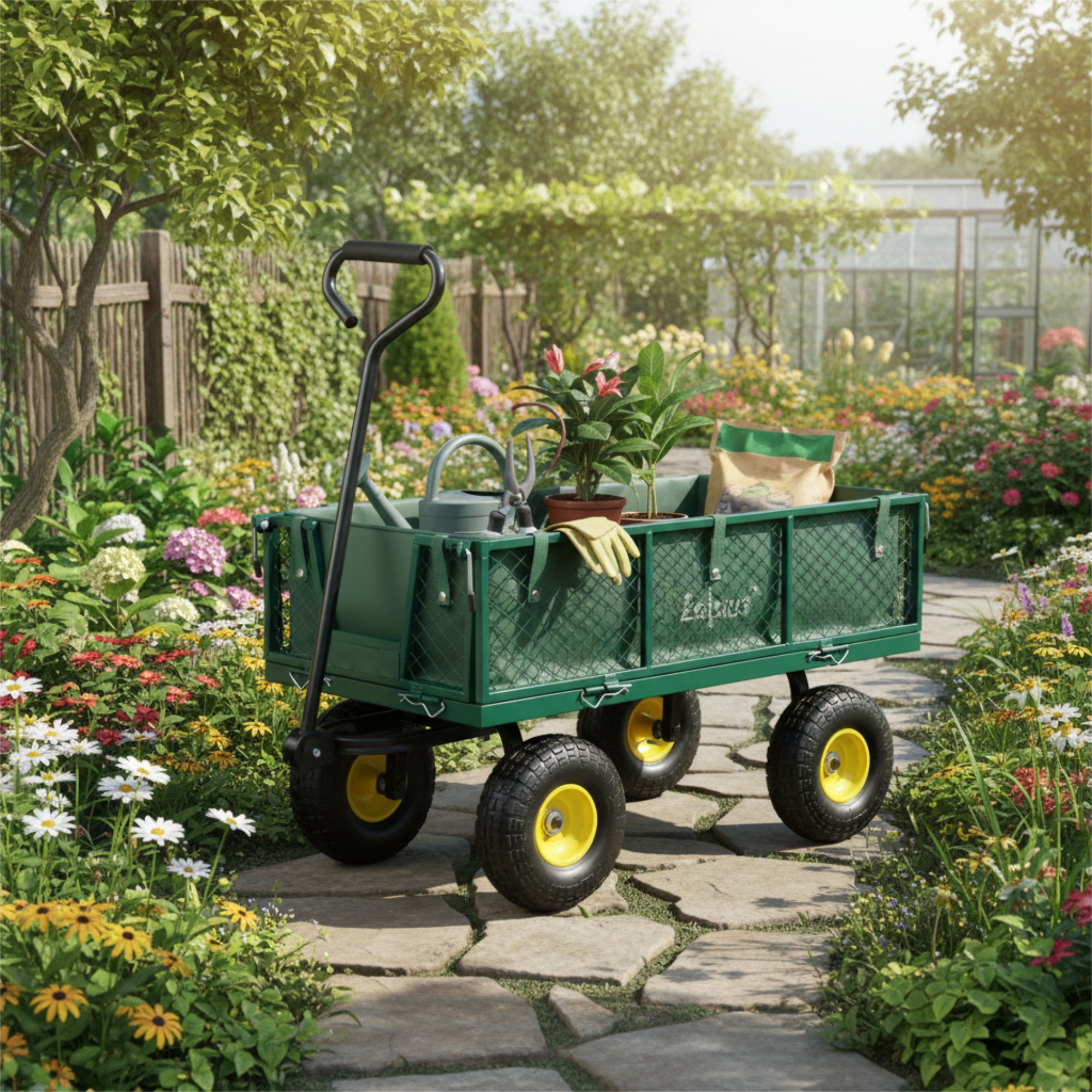 Handcart, load capacity up to 350 kg, 105 liters, green/yellow