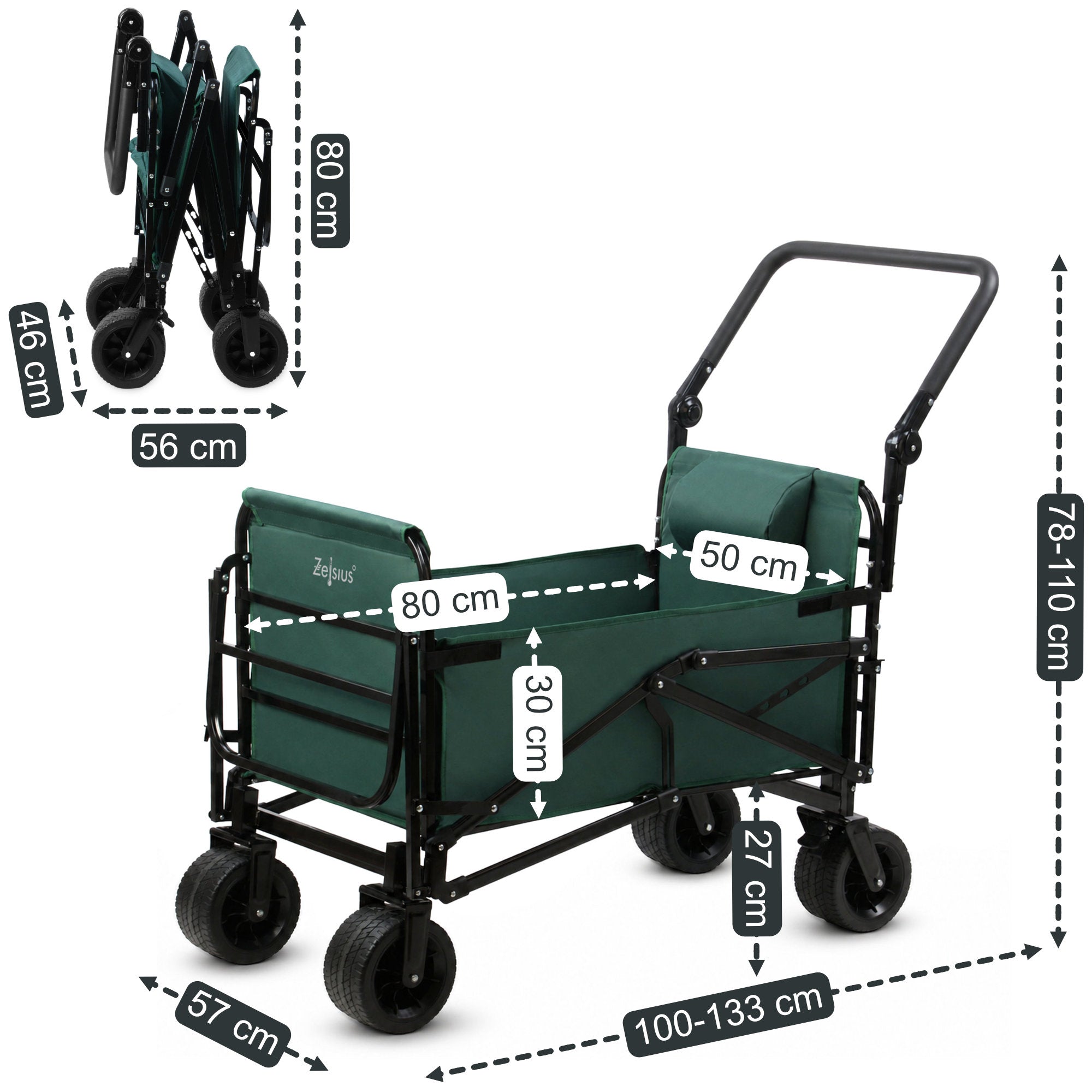 Bollerwagen mit Liegefunktion, belastbar bis 100 kg, Grün
