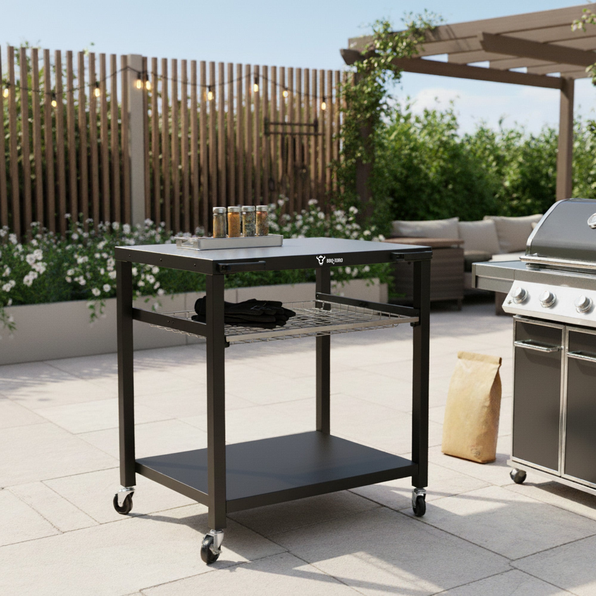 Chariot de barbecue, noir, 80 x 65,5 x 86,5 cm, comprenant une grande surface de travail