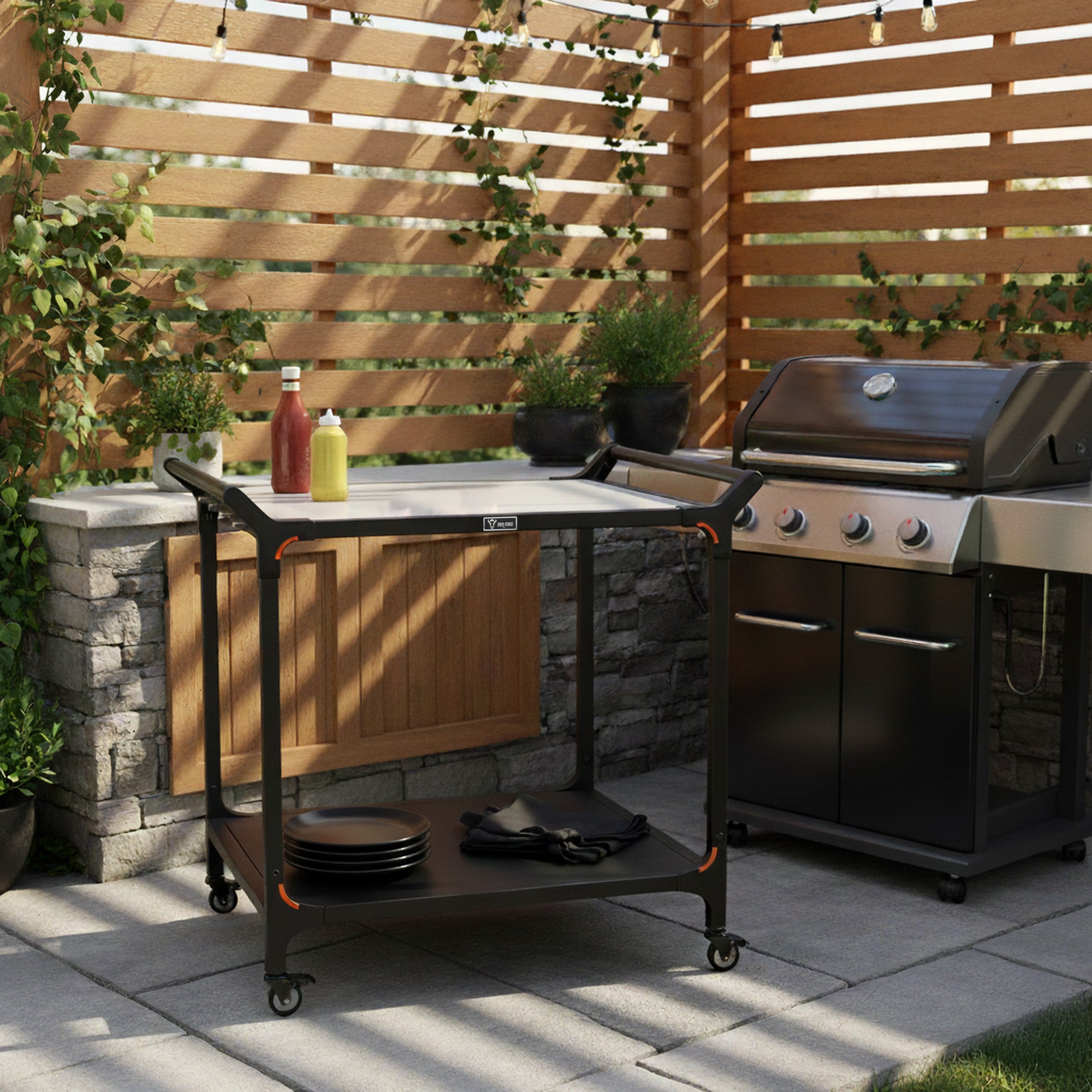 Chariot de barbecue, noir, 94 x 81 x 90 cm, comprenant un grand plan de travail