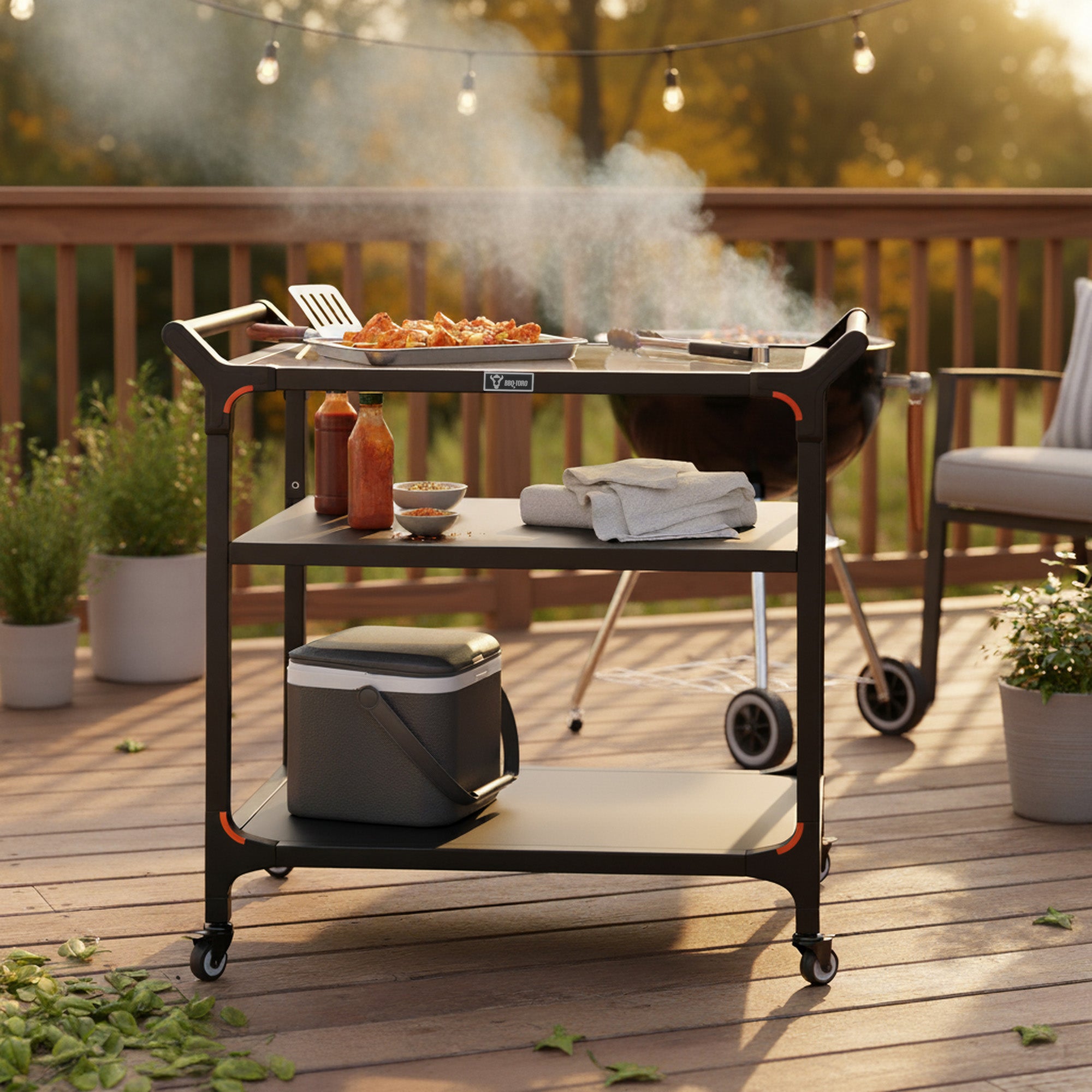 Chariot de barbecue, noir, 94 x 81 x 90 cm, comprenant un grand plan de travail