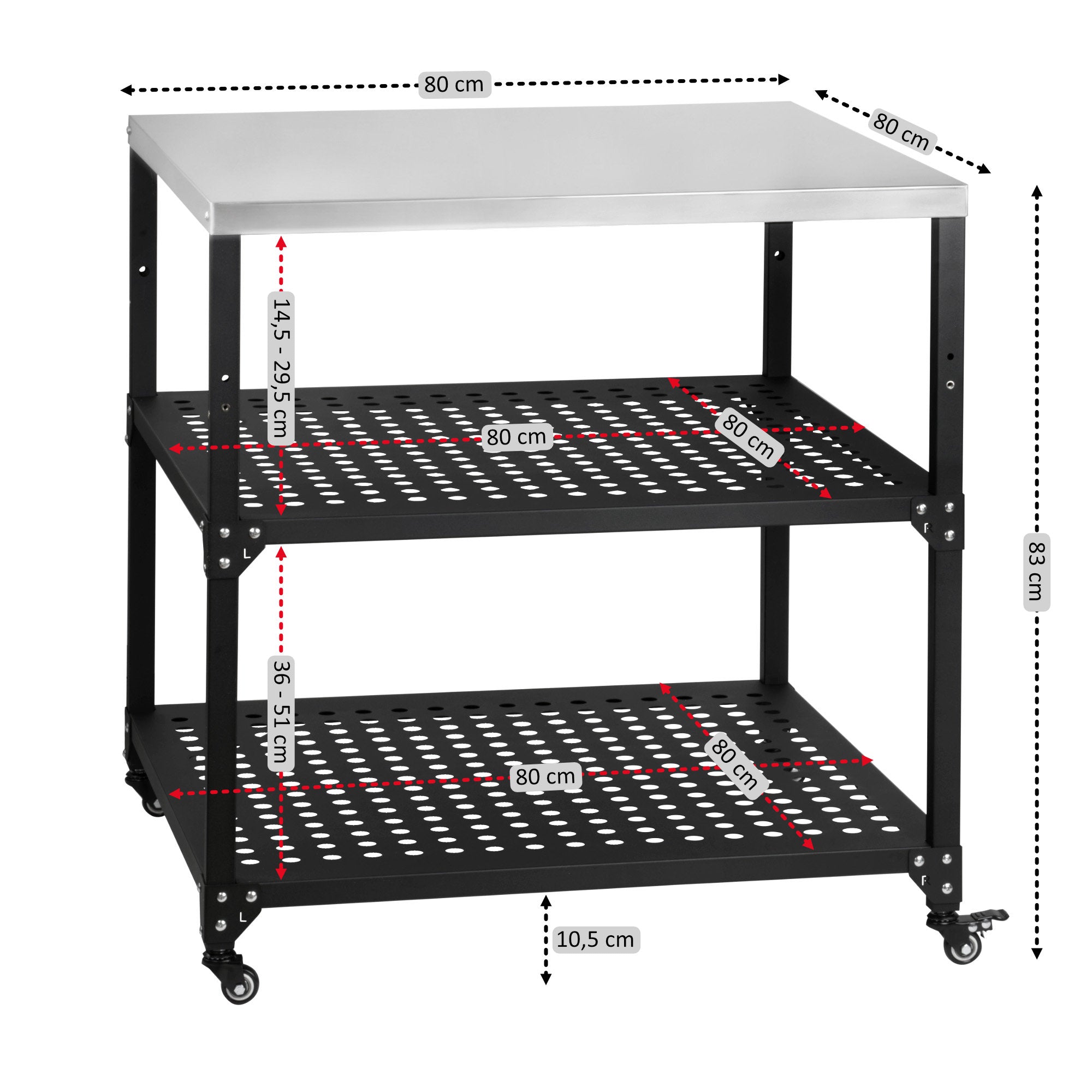 Chariot de barbecue, noir, 80 x 80 x 83 cm, comprenant un grand plan de travail