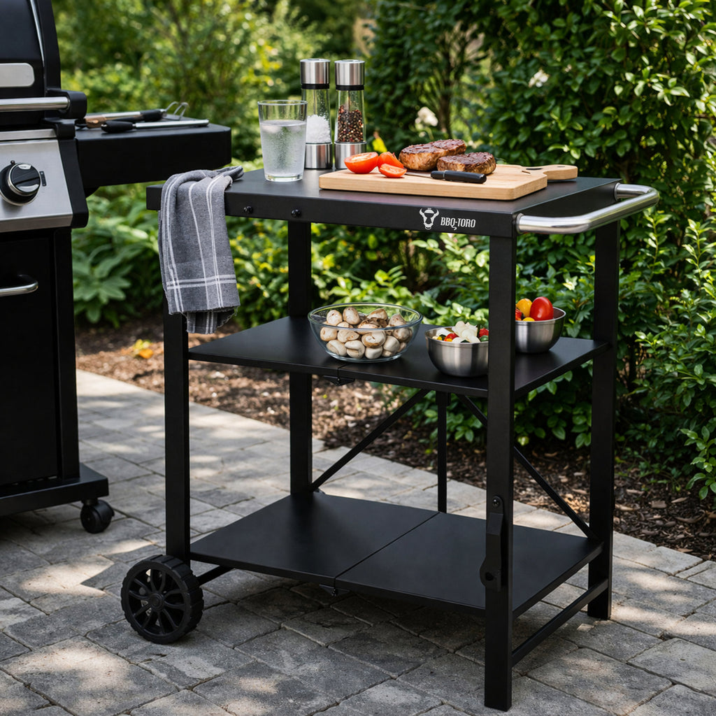 Chariot de barbecue, 60 x 80 x 82 cm, pliable, avec grande surface de travail