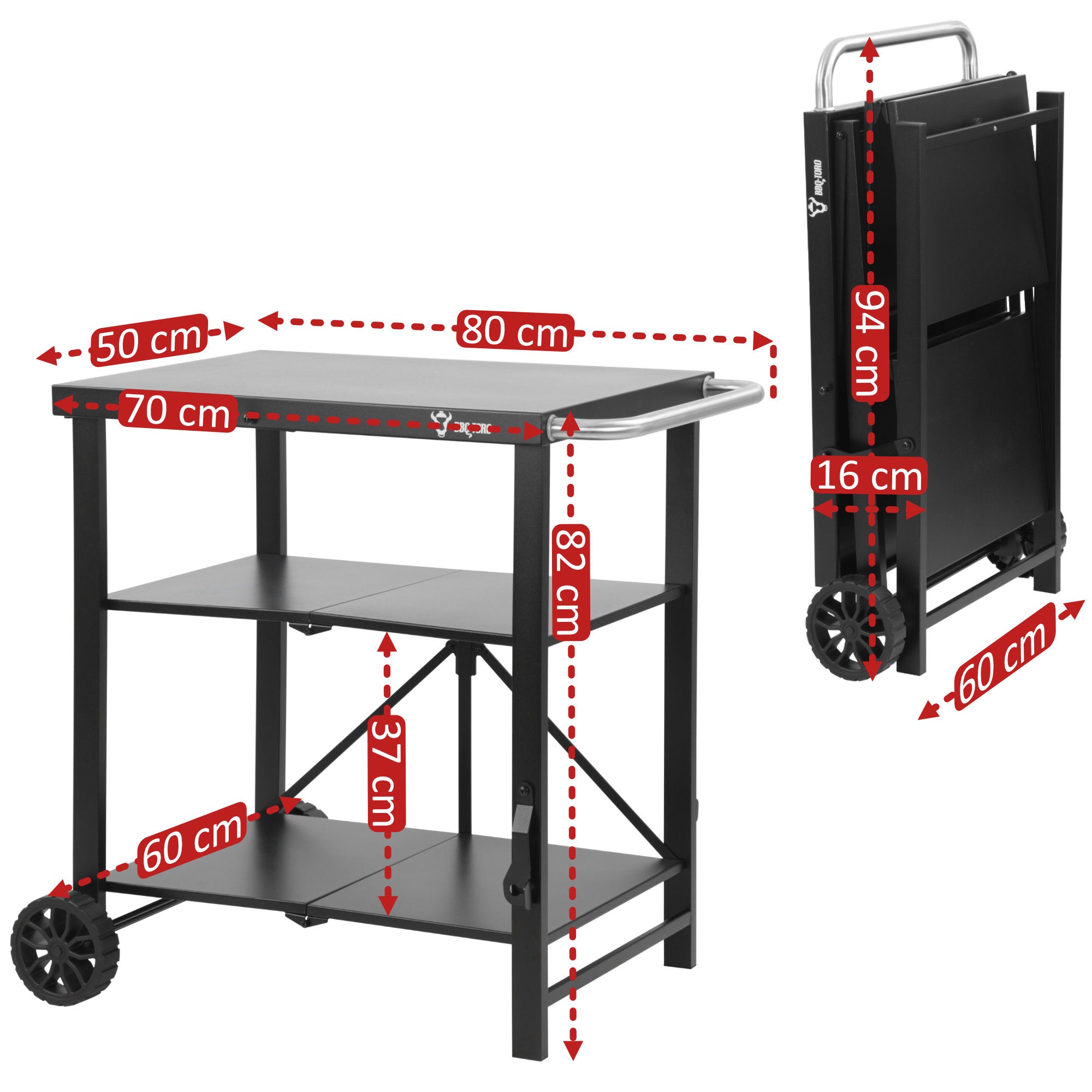 Grillwagen, 60 x 80 x 82 cm, faltbar, inkl. großer Arbeitsfläche