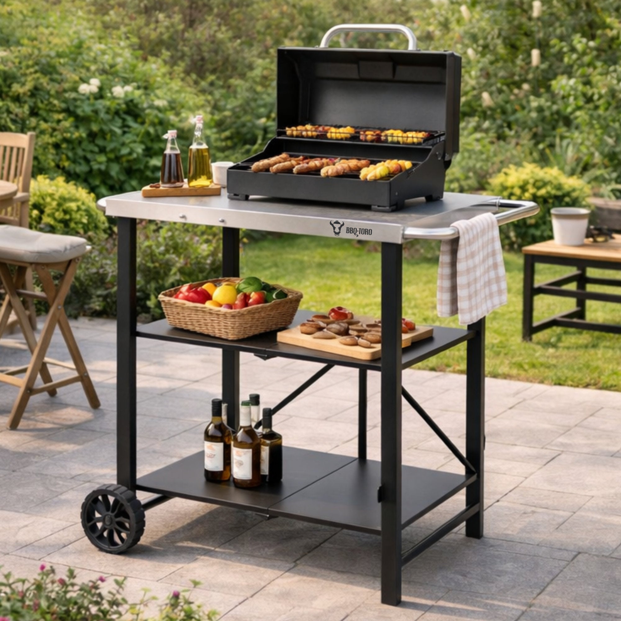 Chariot de barbecue, 60 x 80 x 82 cm, pliable, avec grande surface de travail