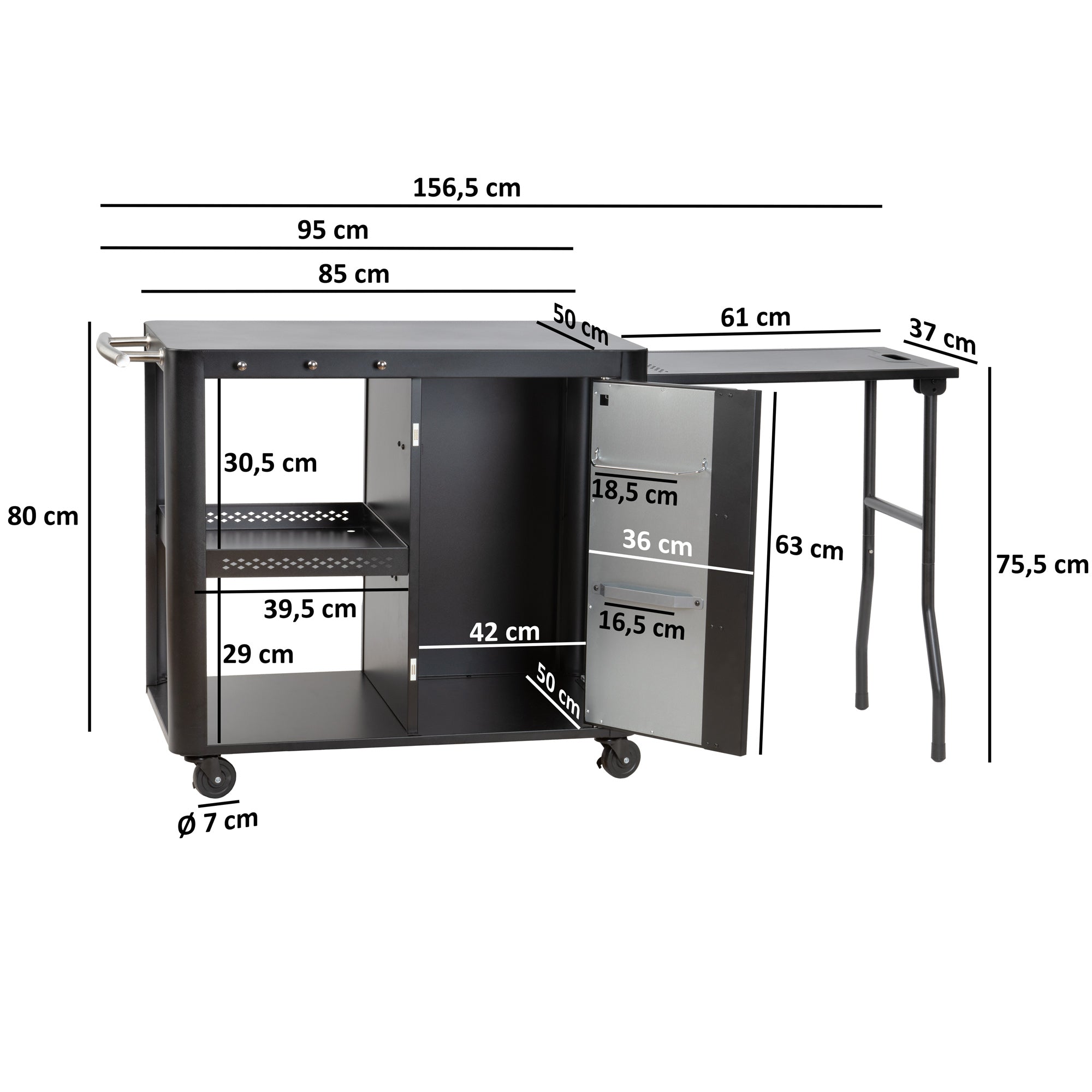 Chariot barbecue, 95 x 50 x 80 cm, comprenant une grande surface de travail
