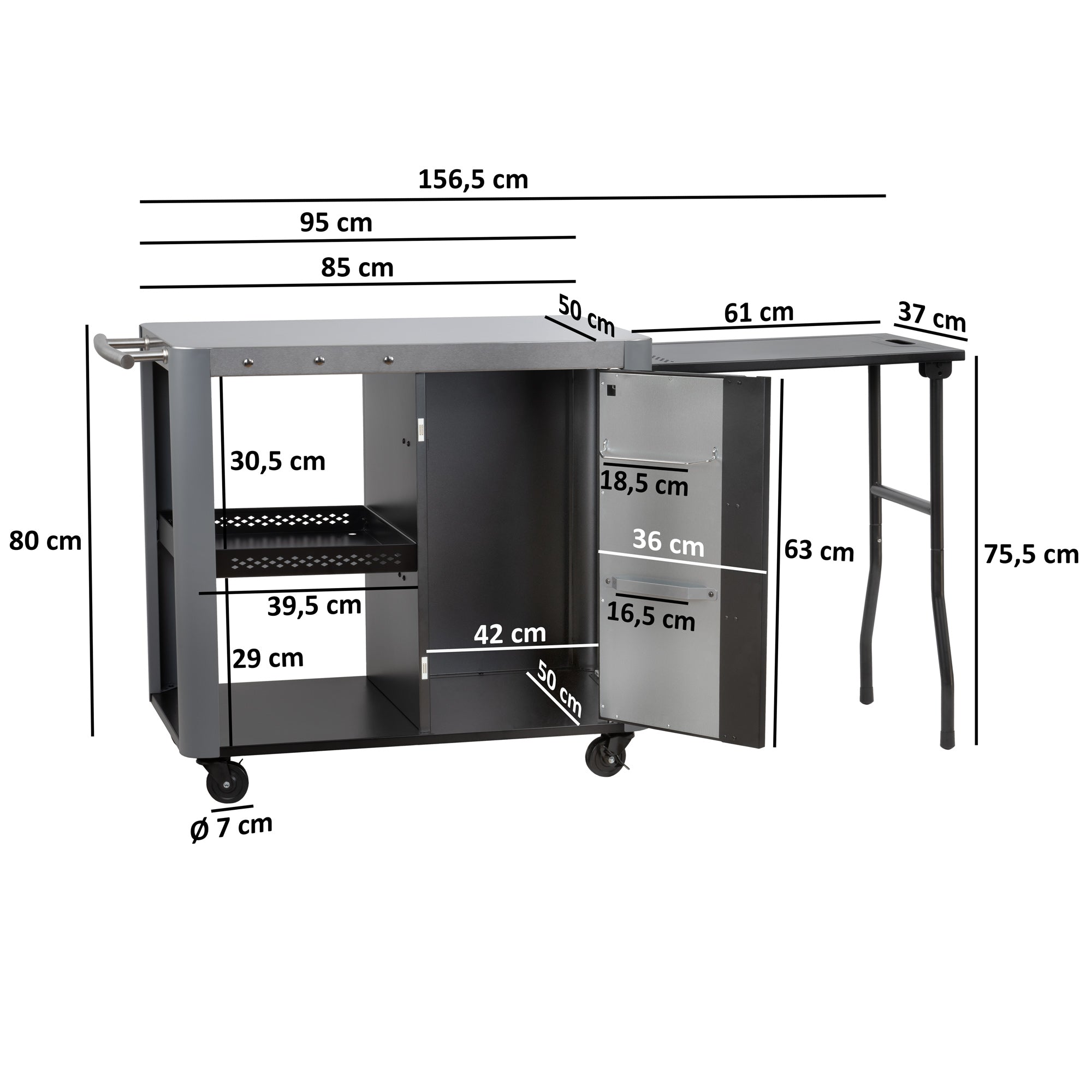 Chariot barbecue, 95 x 50 x 80 cm, comprenant une grande surface de travail