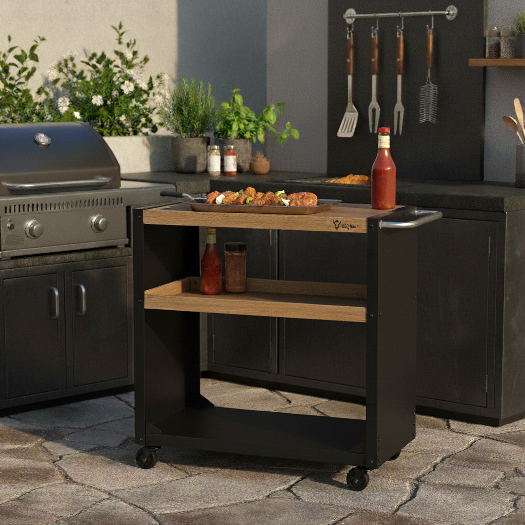 Chariot de barbecue, noir, 95 x 50 x 90 cm, comprenant un grand plan de travail