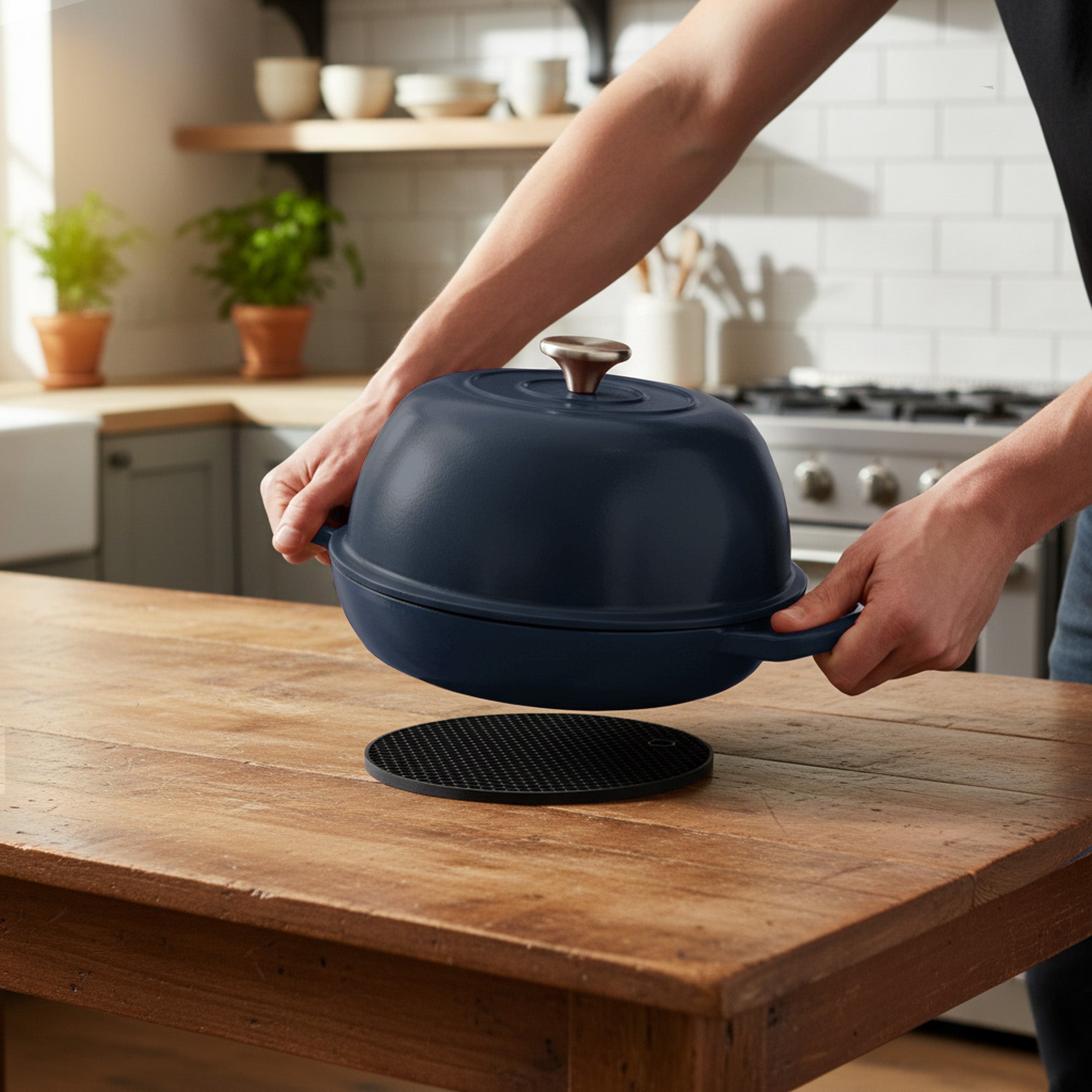 Ensemble pour pot à pain, 6,4 litres, en fonte émaillée, comprenant une anse à pain et un dessous de plat.