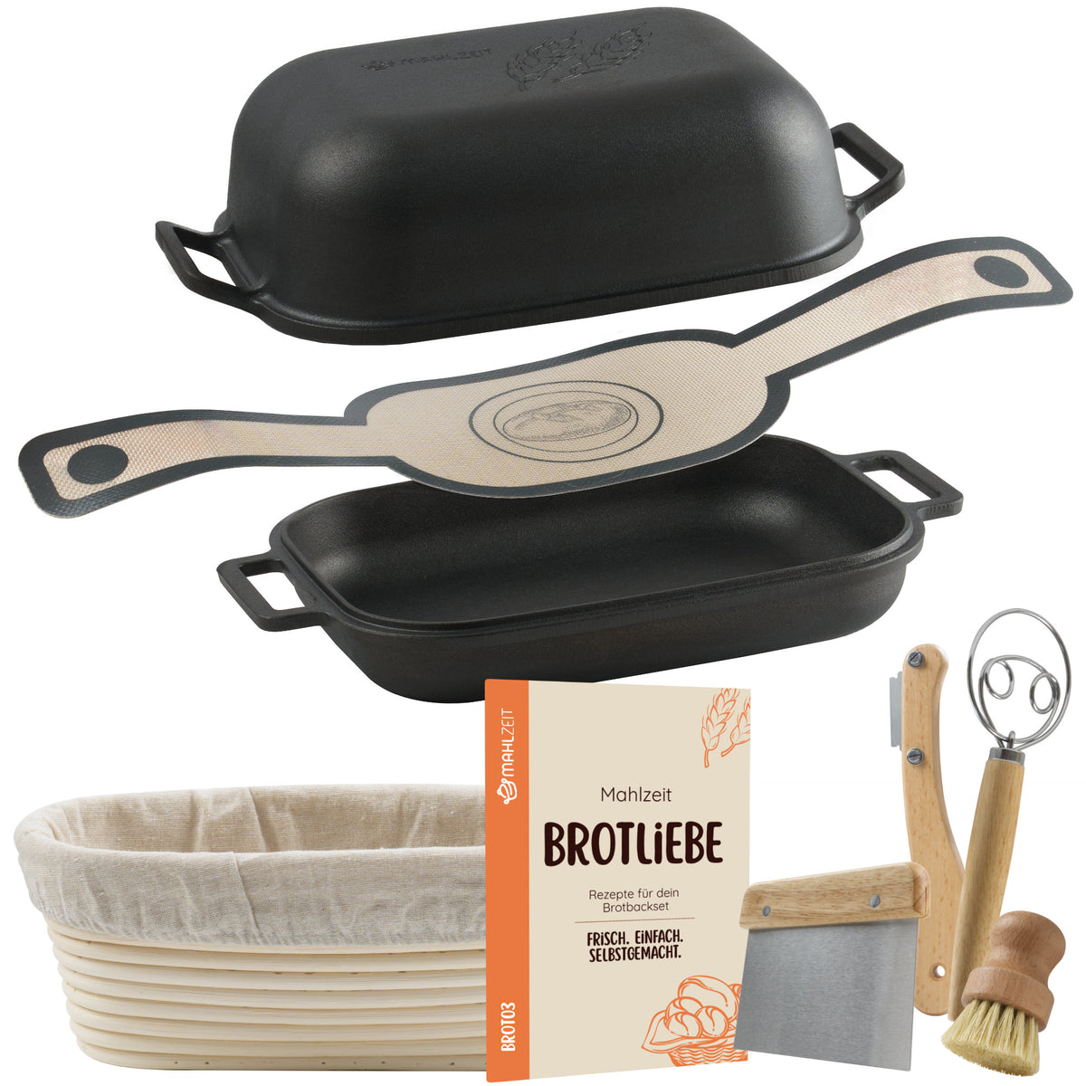 Brottopf Set, Gusseisen, pre-seasoned, inkl. Brotschlinge, Gärkörbchen und Zubehör