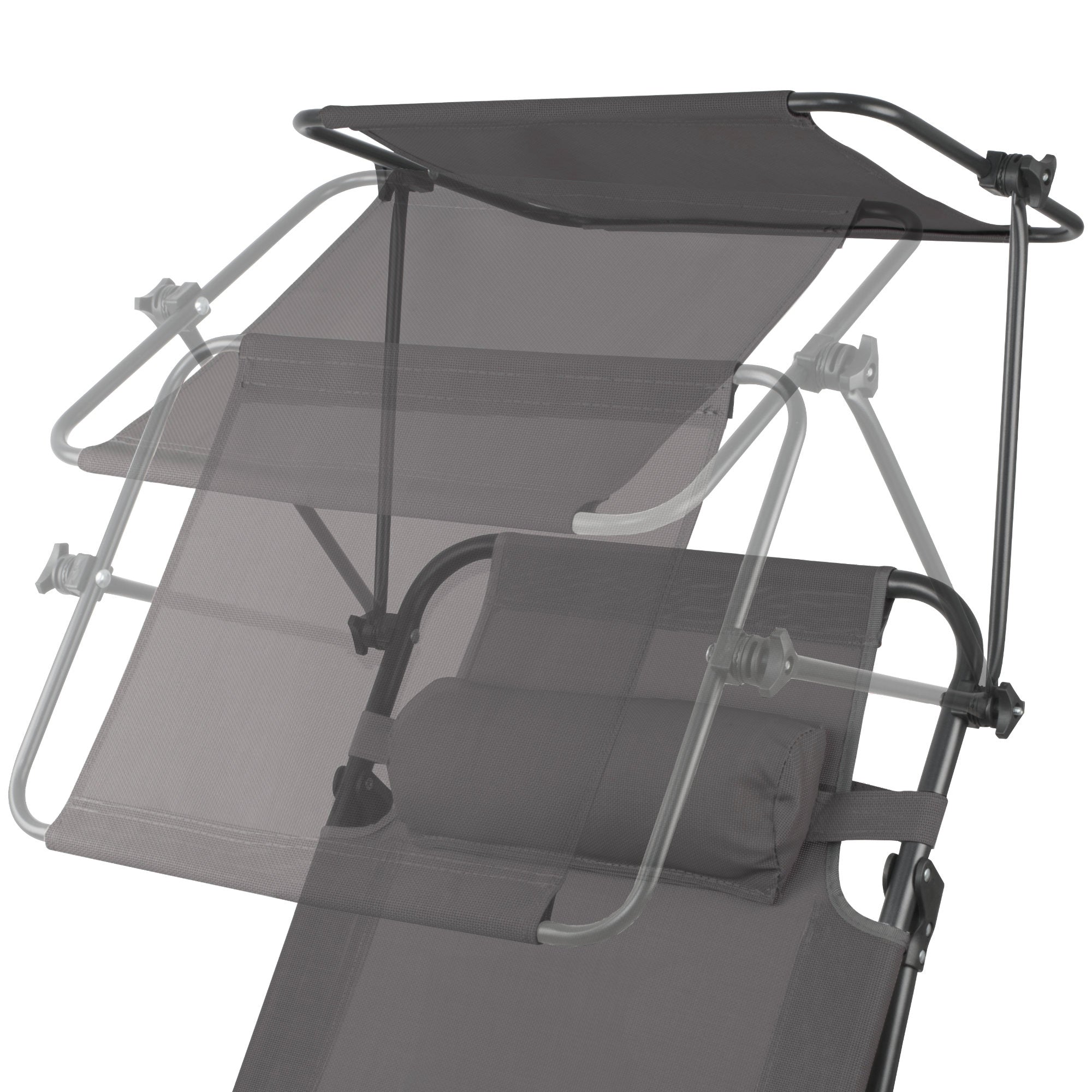 Sun lounger, including canopy and arm massage rollers