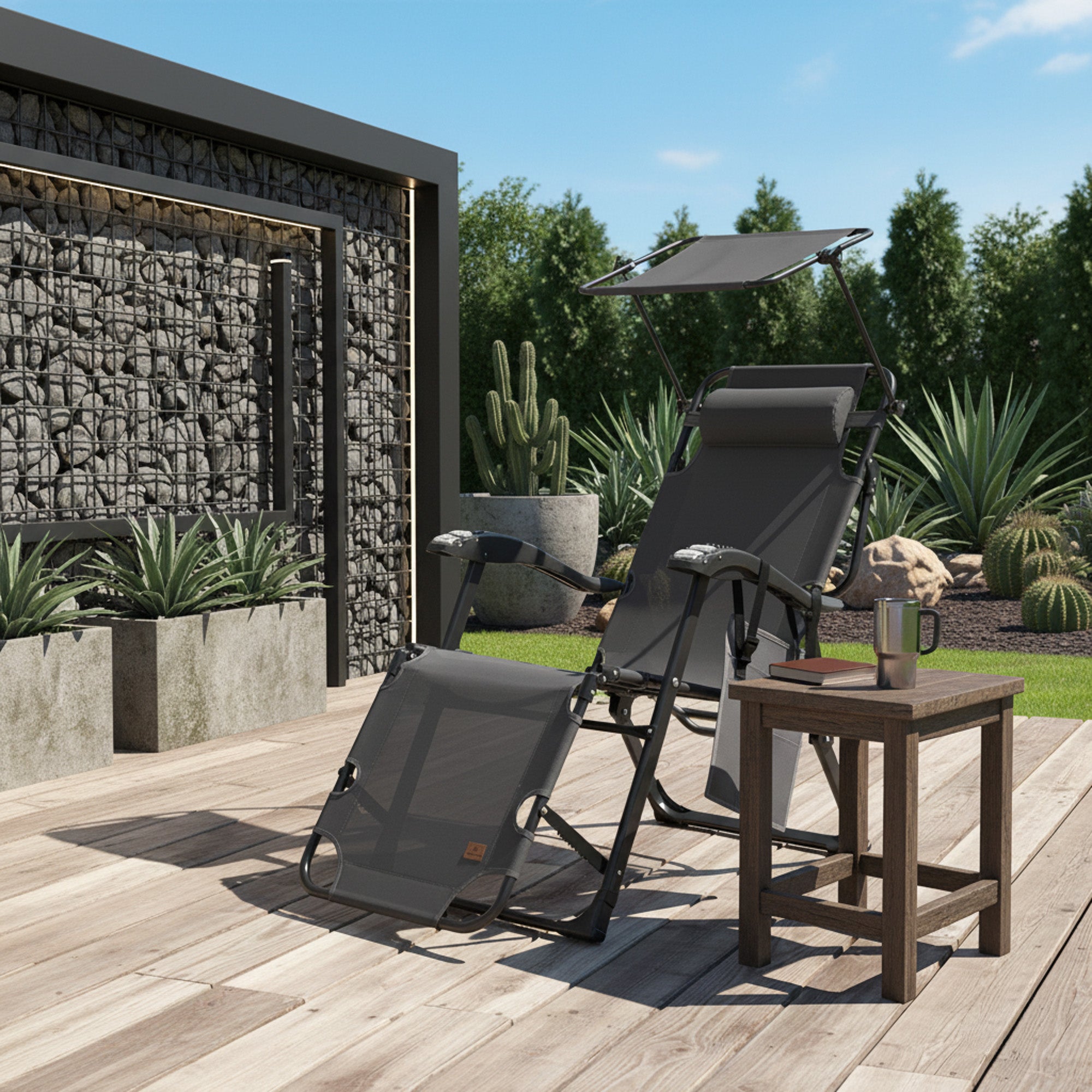 Sun lounger, including canopy and arm massage rollers