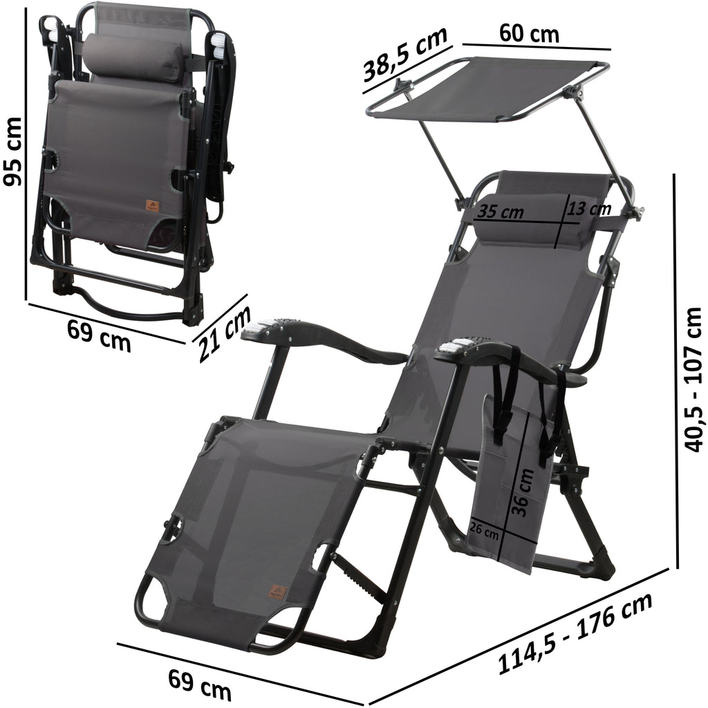 Chaise longue, comprenant un auvent et des rouleaux de massage pour les bras