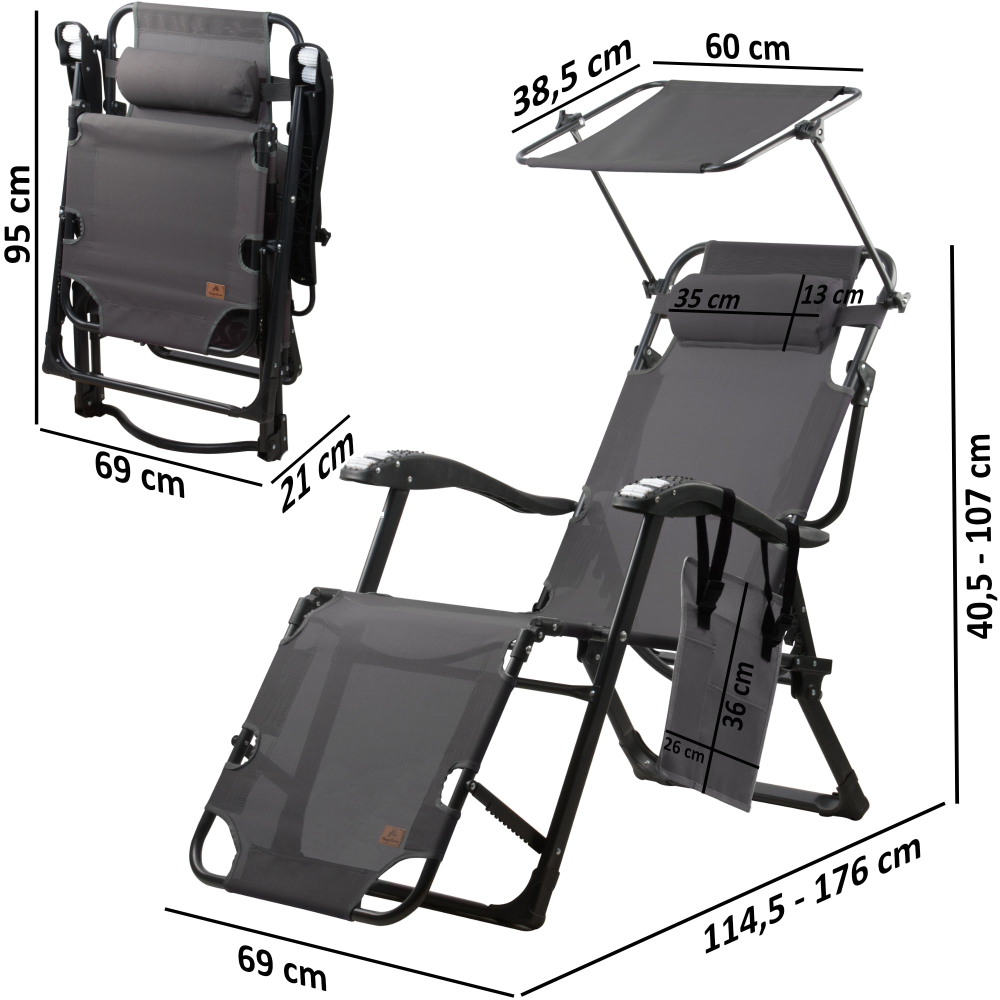 Sun lounger, including canopy and arm massage rollers