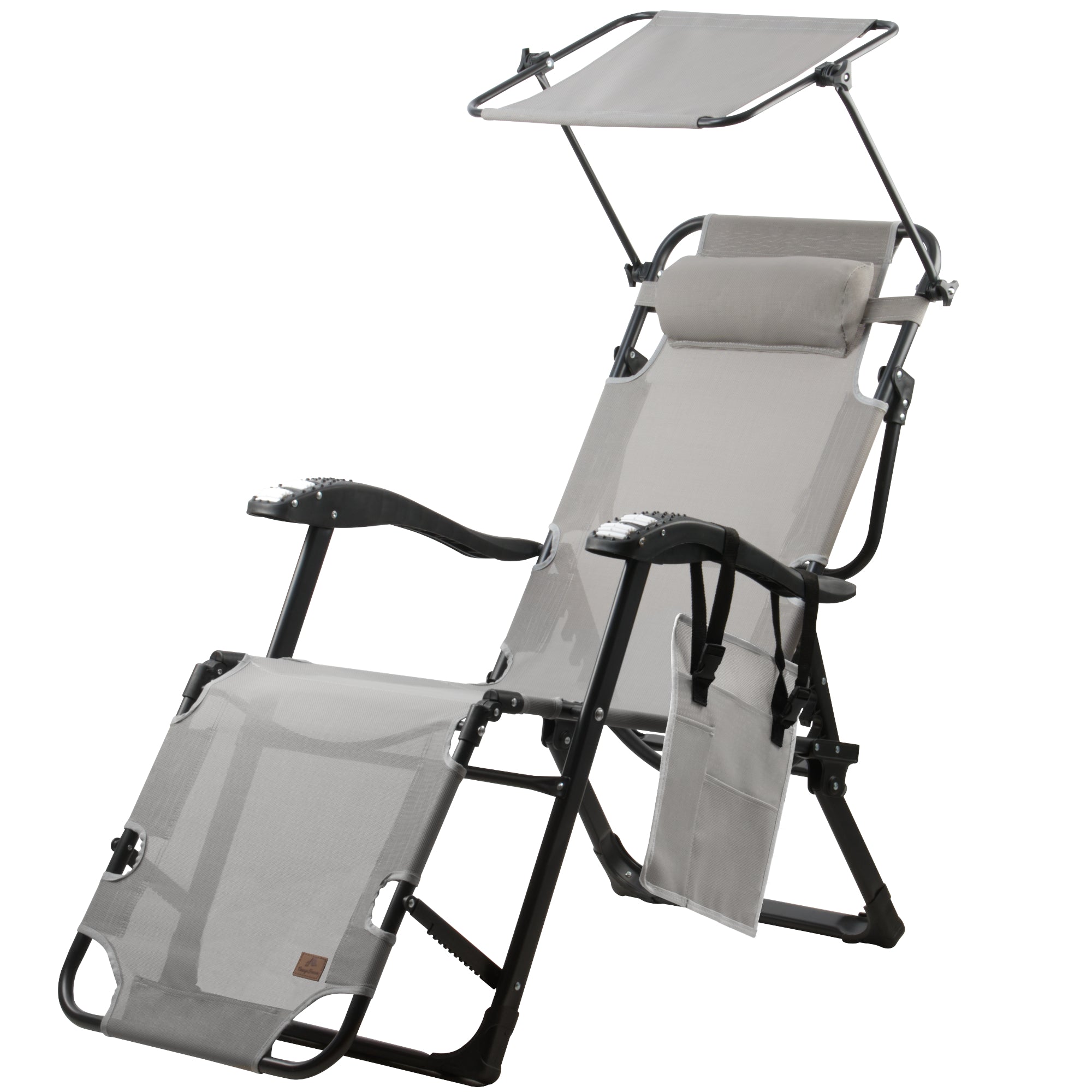 Sun lounger, including canopy and arm massage rollers