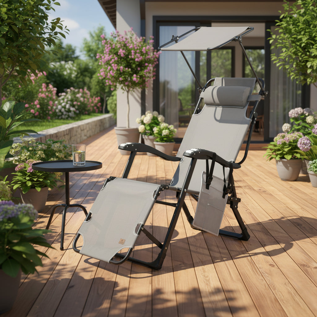 Chaise longue, comprenant un auvent et des rouleaux de massage pour les bras