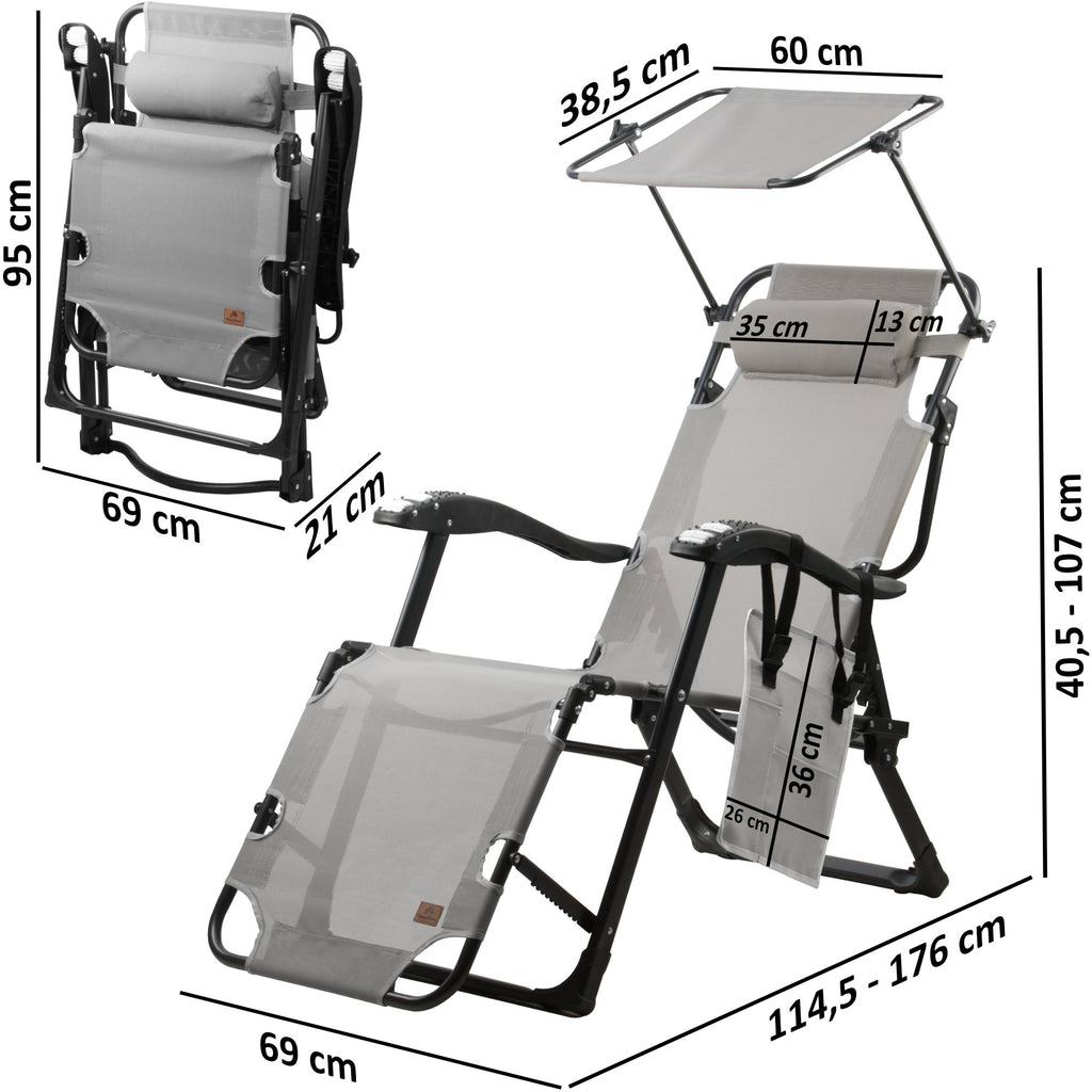 Chaise longue, comprenant un auvent et des rouleaux de massage pour les bras