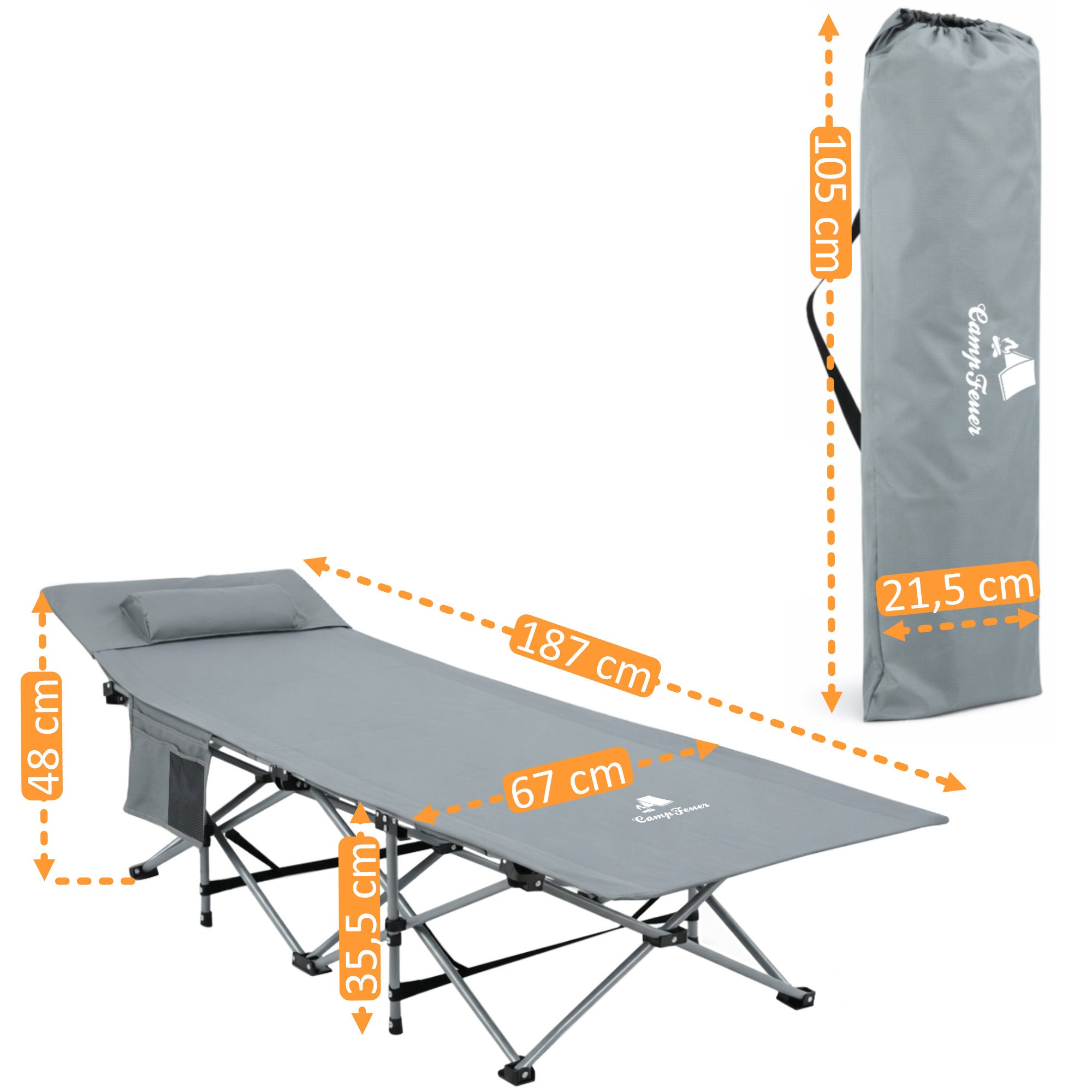 Campingliege, klappbar, bis 150 kg, inkl. Kopfkissen und Tragetasche
