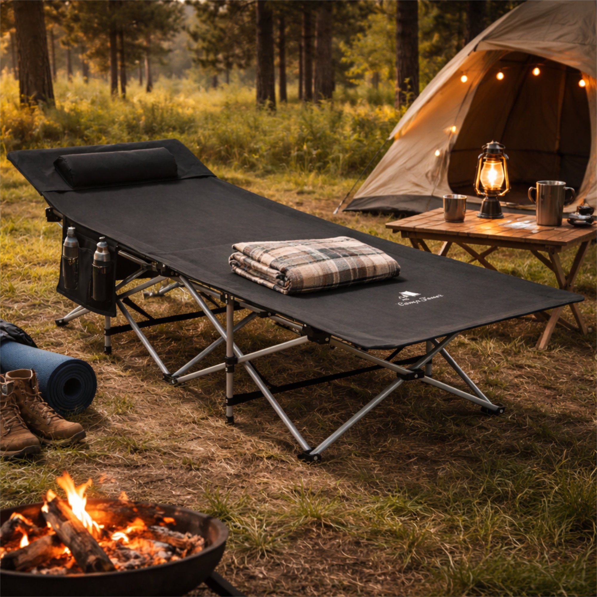 Campingliege, klappbar, bis 150 kg, inkl. Kopfkissen und Tragetasche