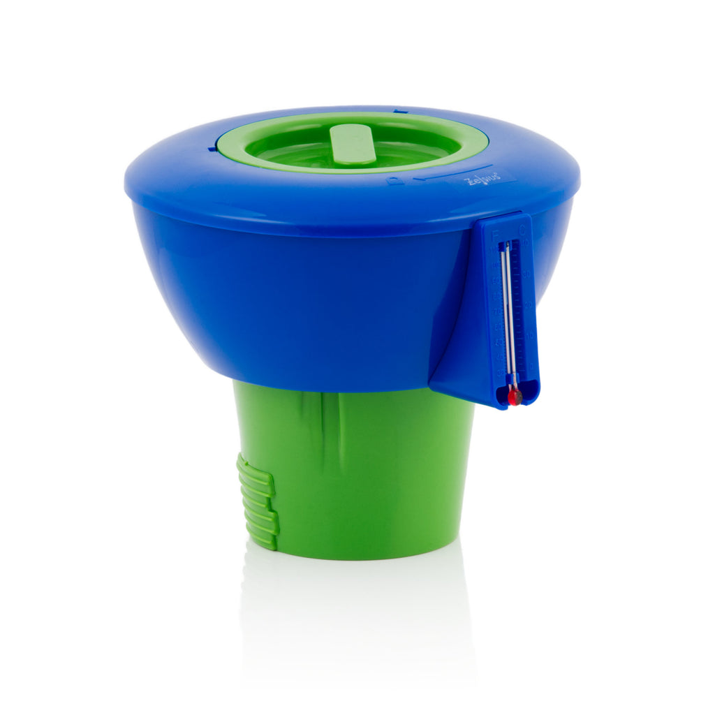 Flotteur doseur de piscine, comprenant thermomètre et distributeur de chlore