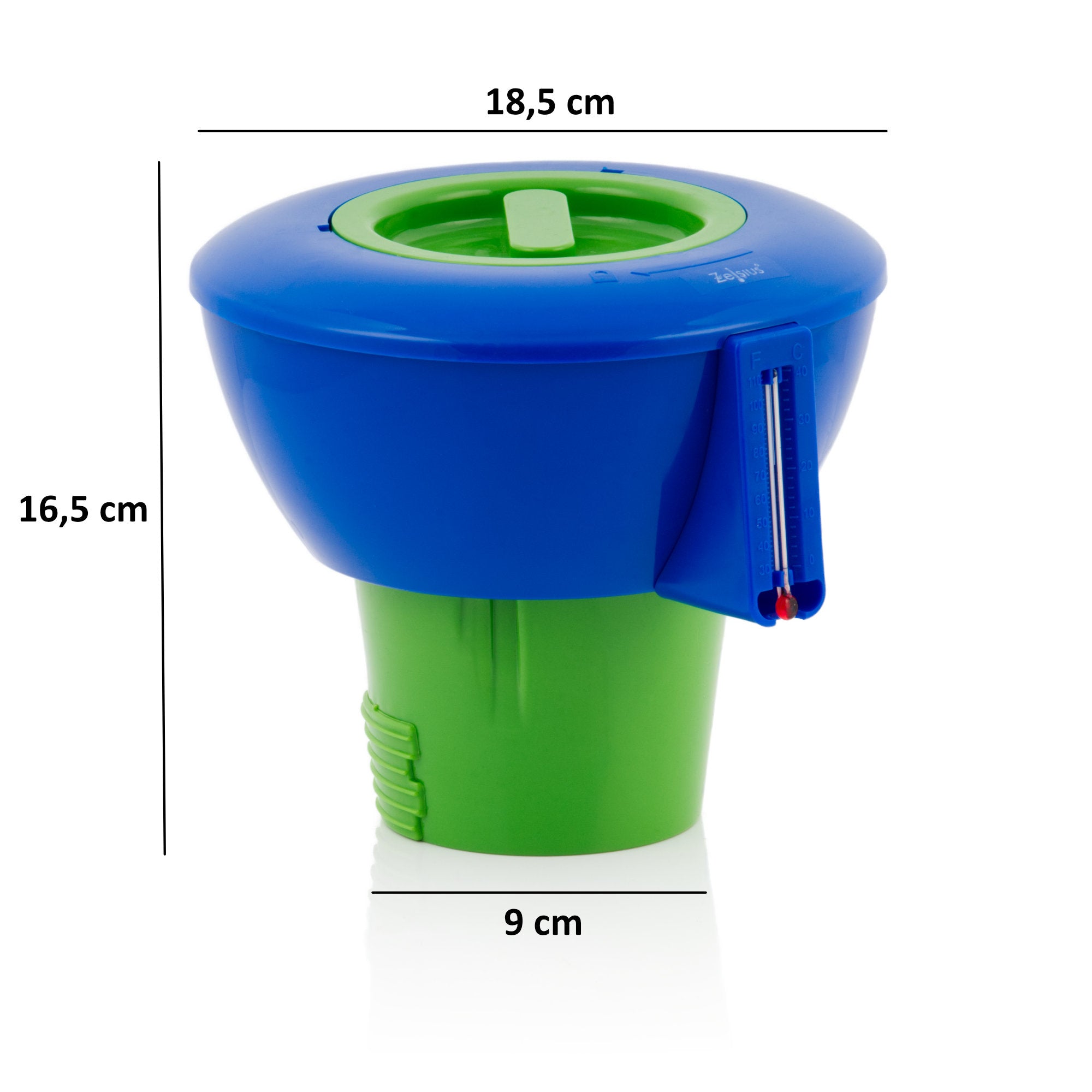 Flotteur doseur de piscine, comprenant thermomètre et distributeur de chlore