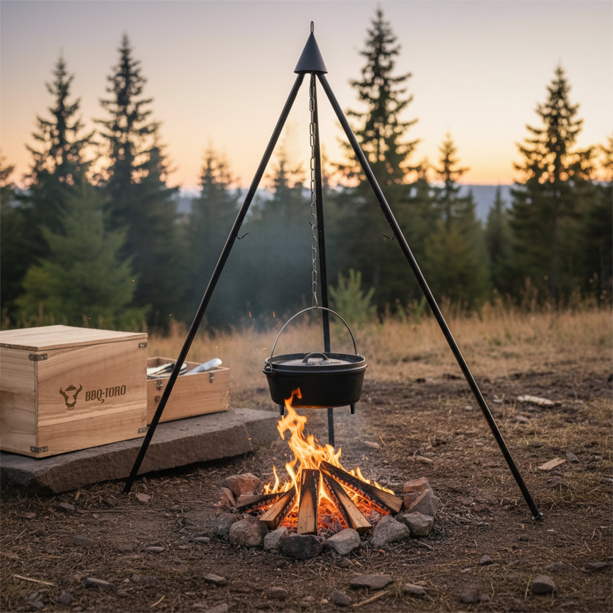Dutch Oven, 6-piece set, cast iron, including wooden box