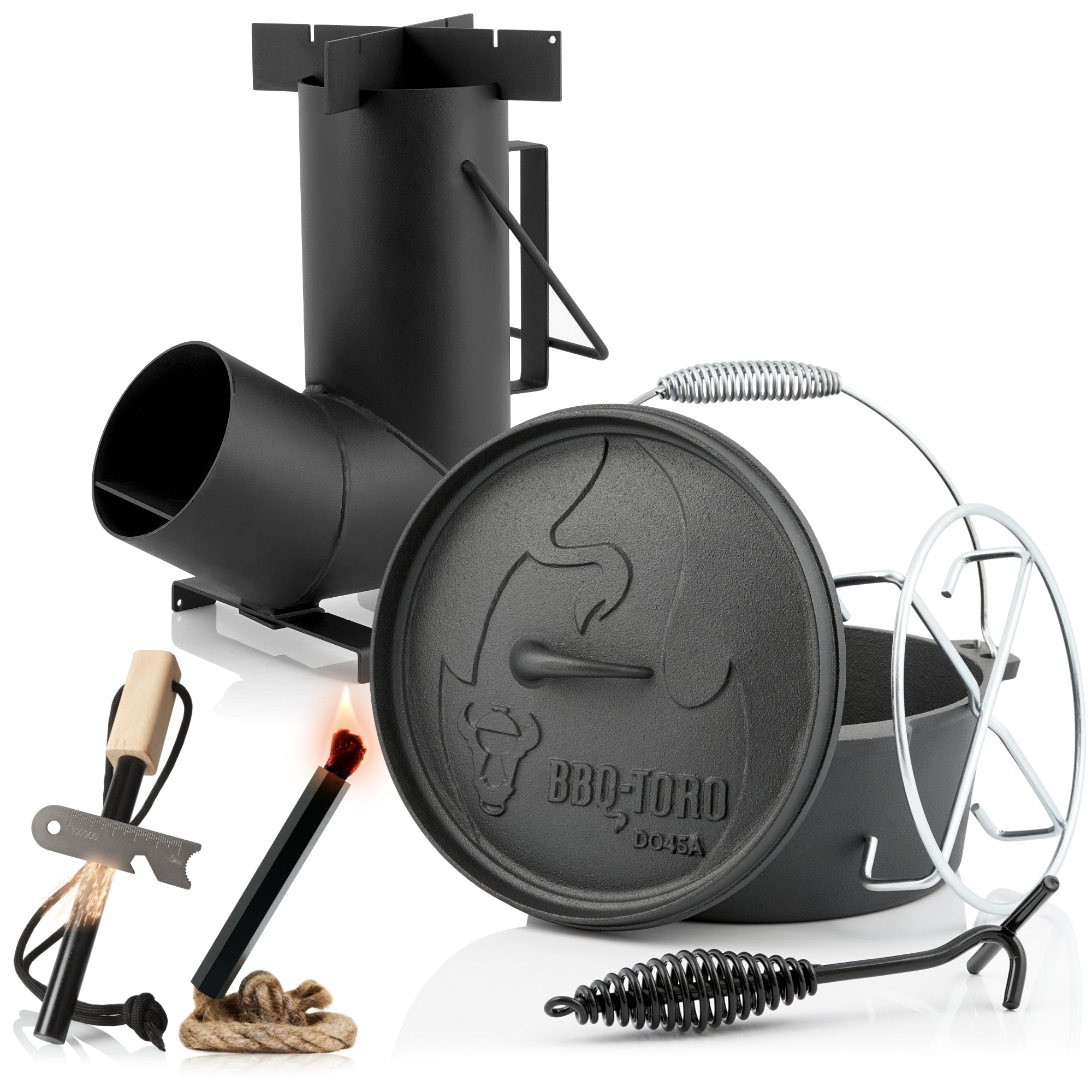 Kit de survie 6 pièces : cocotte en fonte, pierre à feu, allume-feu et réchaud à fusée