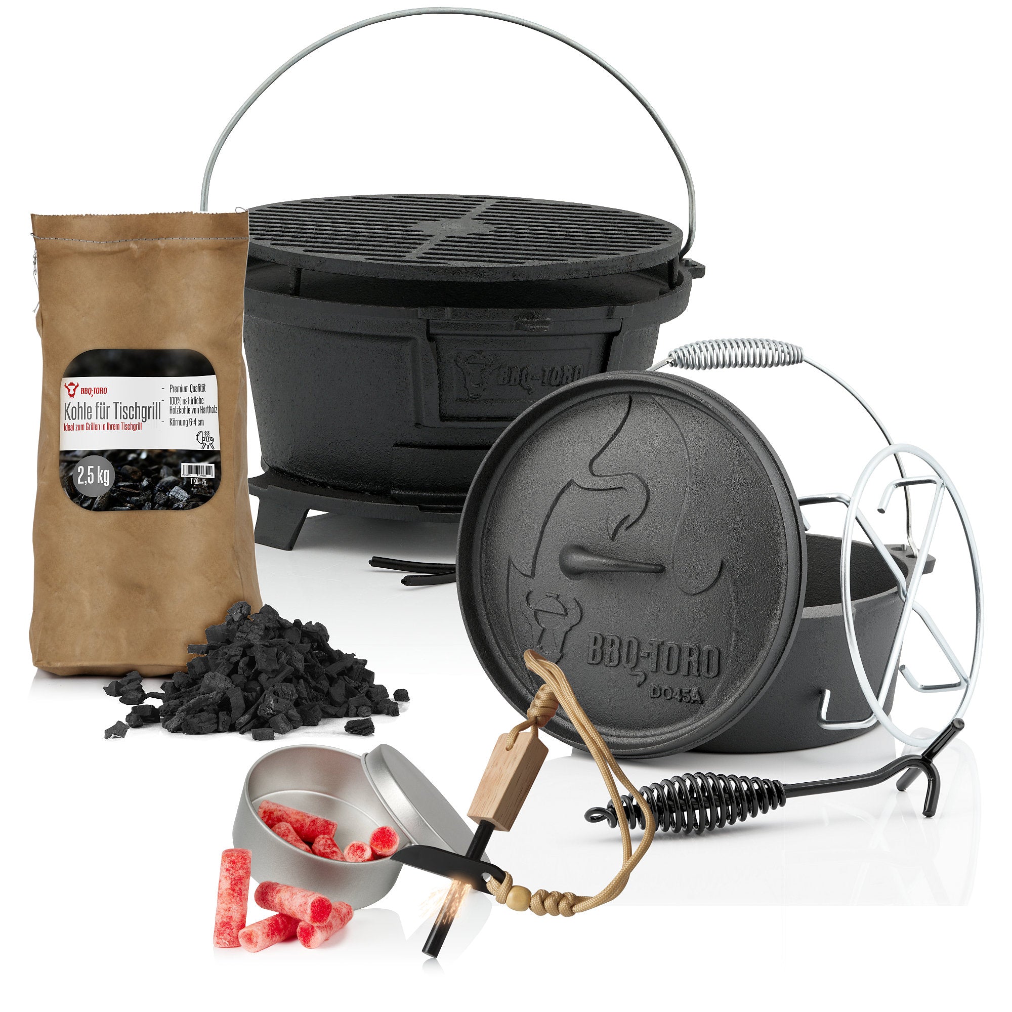 Kit de survie 6 pièces, comprenant une cocotte en fonte, une marmite à griller, une pierre à feu, un allume-feu et du charbon de bois.