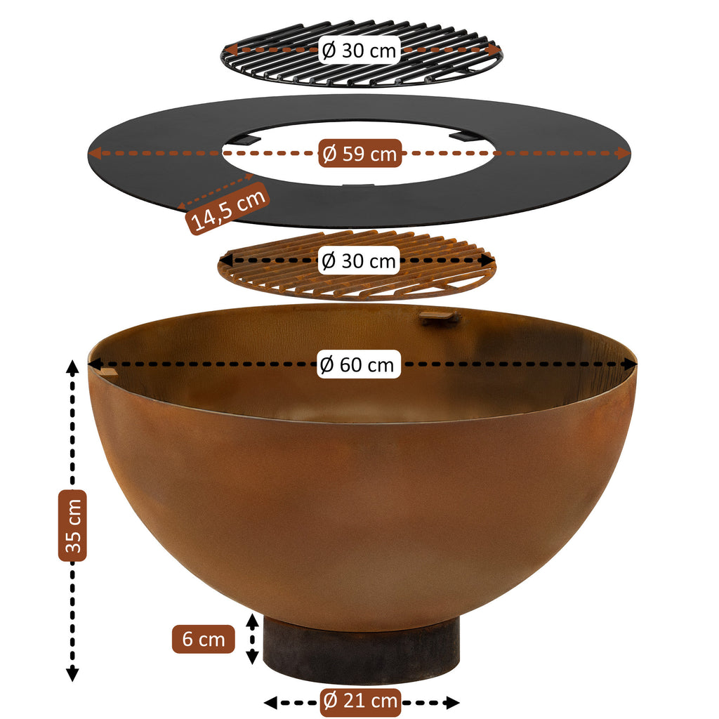 Feuerschale mit Grill, Ø 60 cm, Rostoptik