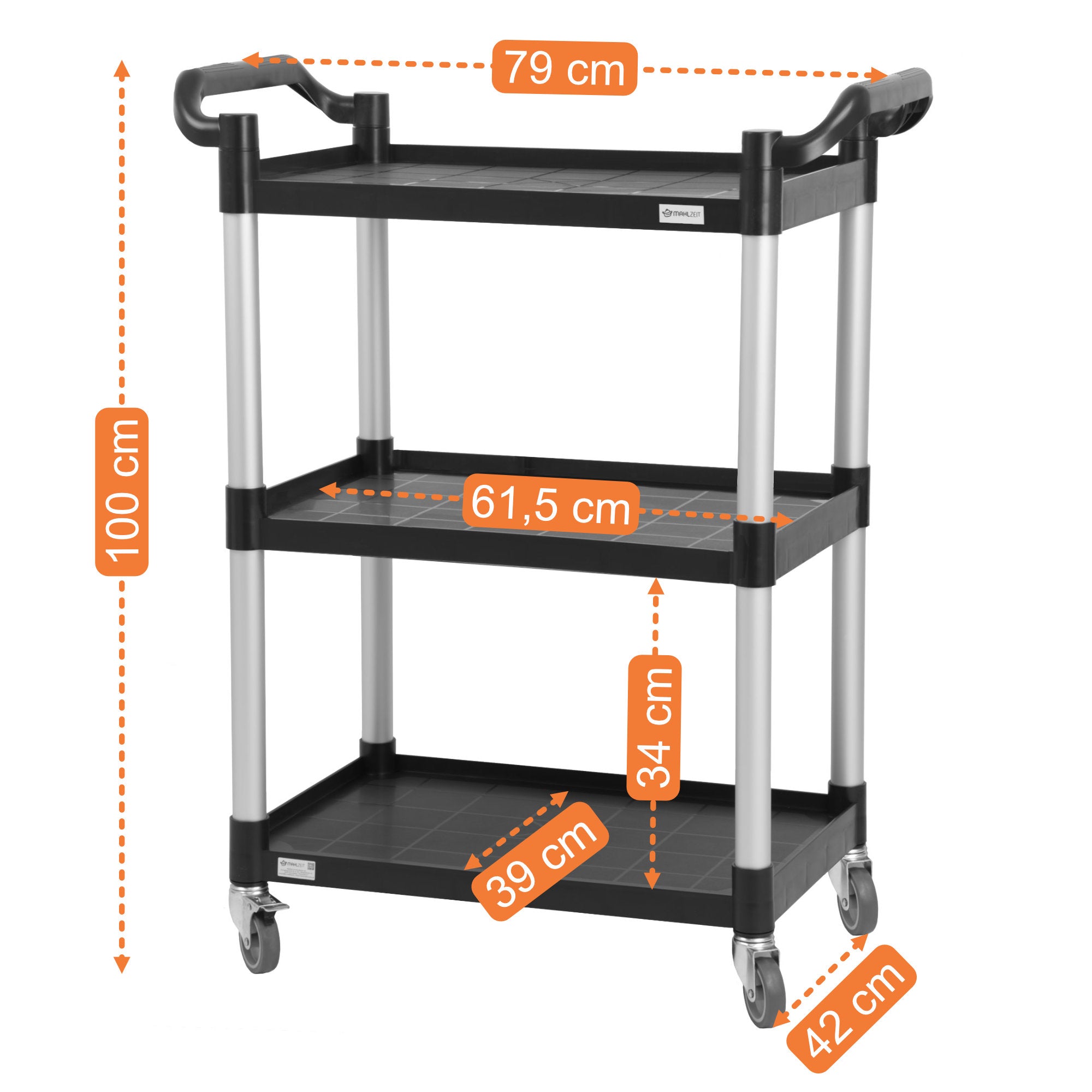 Servierwagen, bis 150 kg, mit Rollen, 3 Etagen